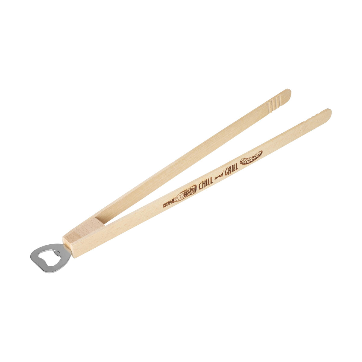 Holz-Grillzange „Opener“ mit Kapselheber, 43 cm als Werbeartikel mit Logo
