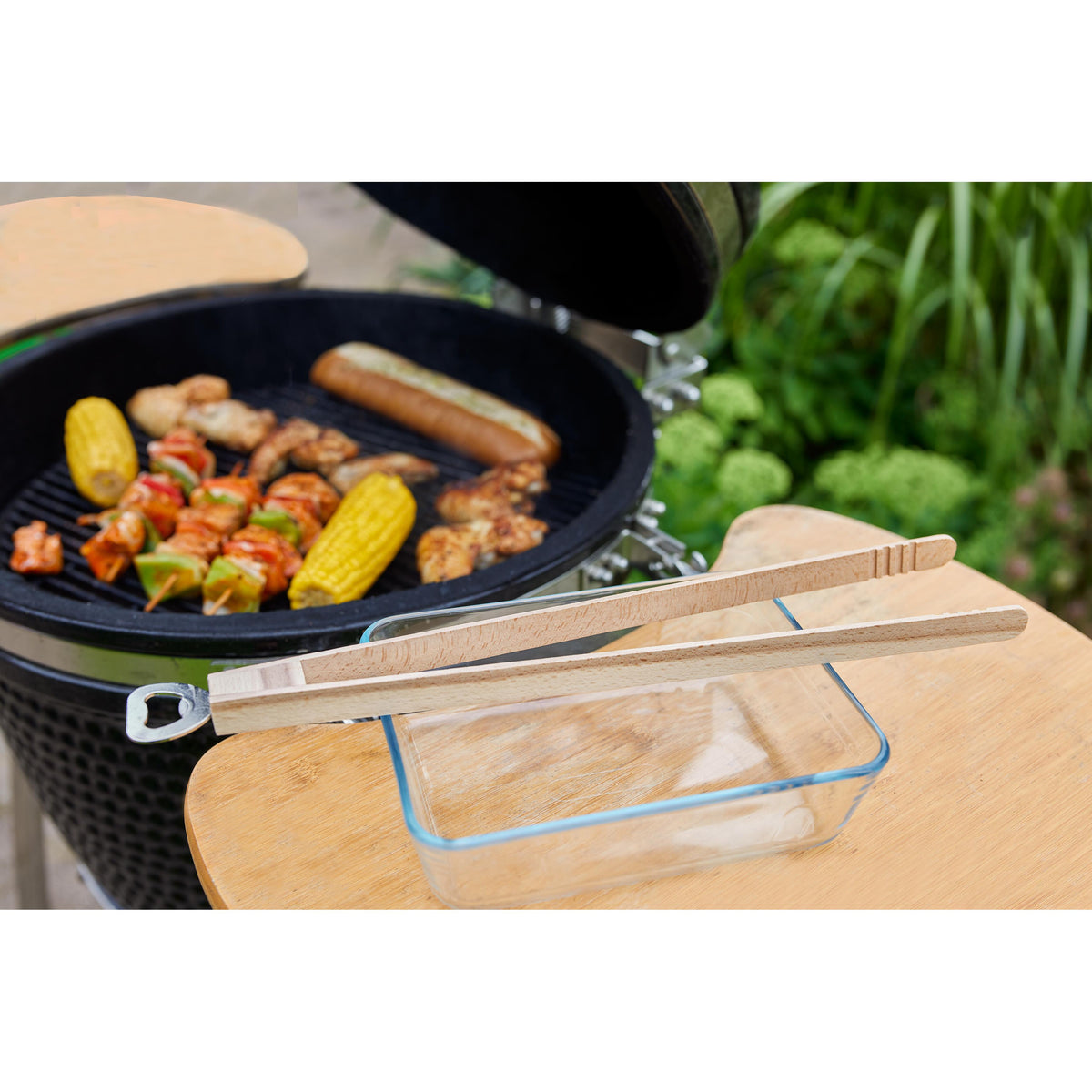 Holz-Grillzange „Opener“ mit Kapselheber, 43 cm als Werbeartikel mit Logo