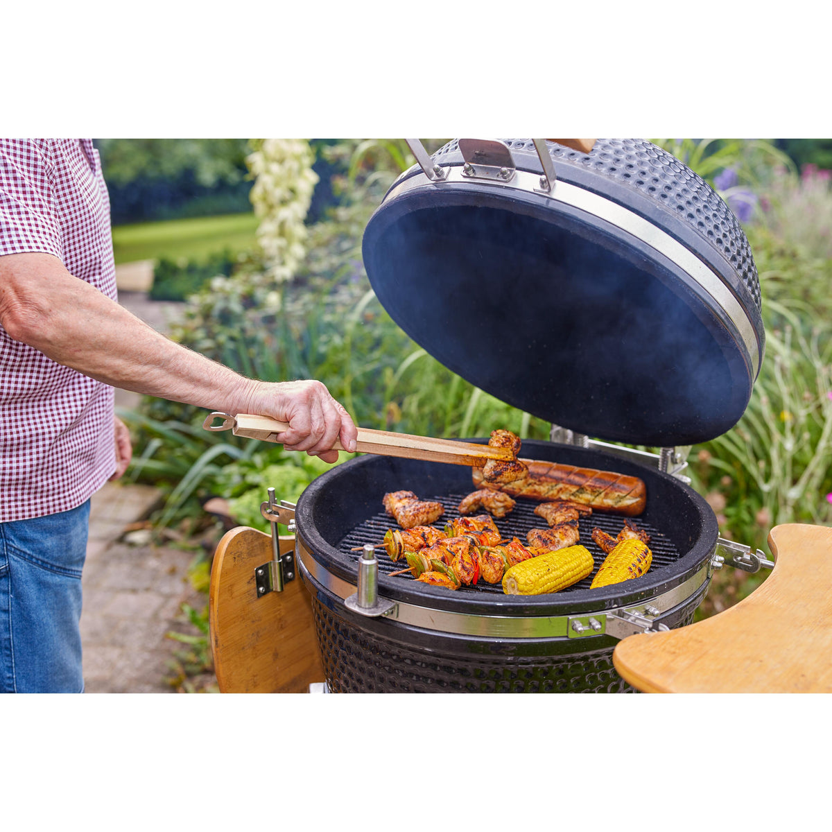 Holz-Grillzange „Opener“ mit Kapselheber, 43 cm als Werbeartikel mit Logo