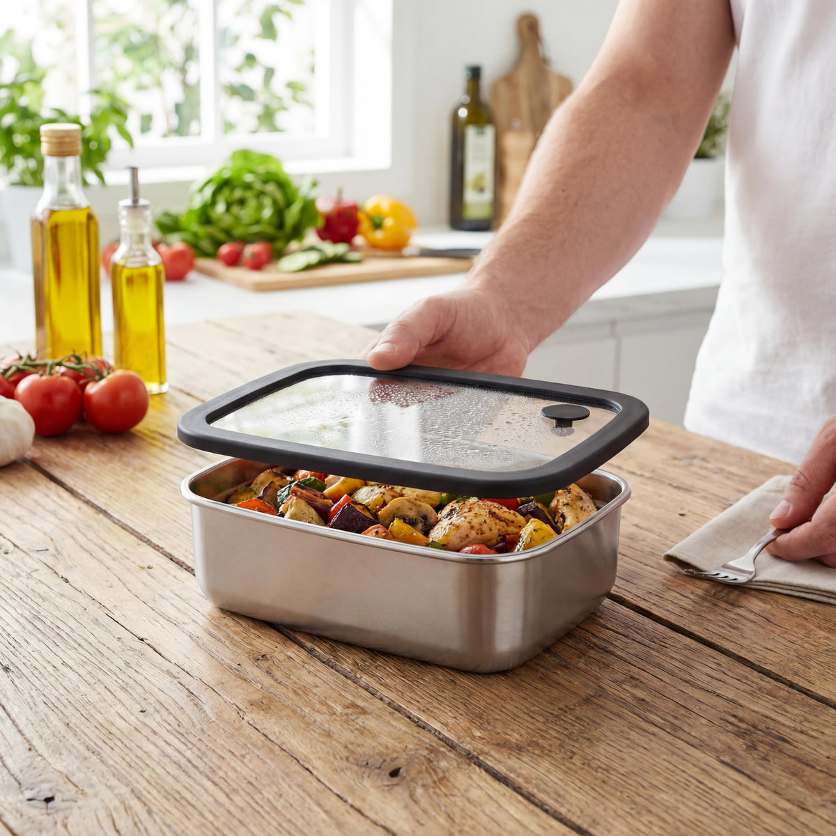 Edelstahl-Lunchbox mit Glasdeckel „RILO“, 1100 ml als Werbeartikel mit Logo