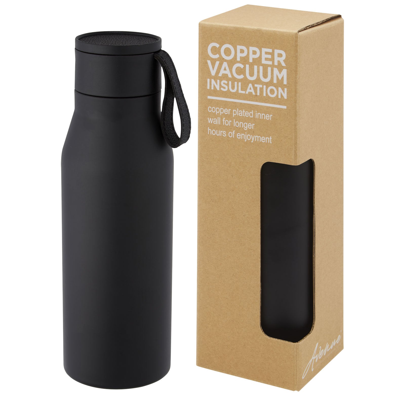 Ljungan 500 ml Kupfer-Vakuum Isolierflasche mit PU Kunststoffband und Deckel – Schwarz