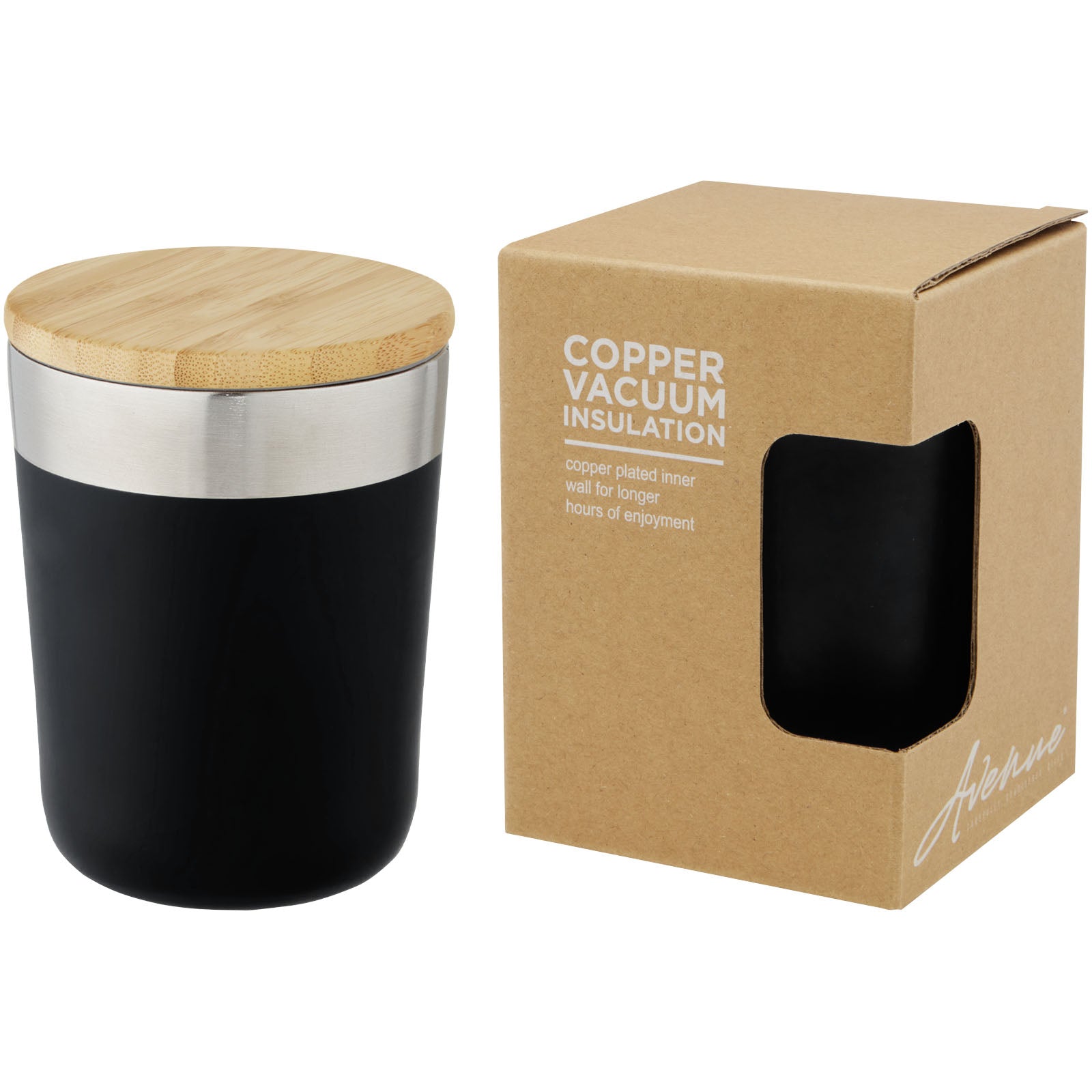 Lagan 330 ml Kupfer-Vakuum Isolierbecher mit Bambusdeckel – Schwarz