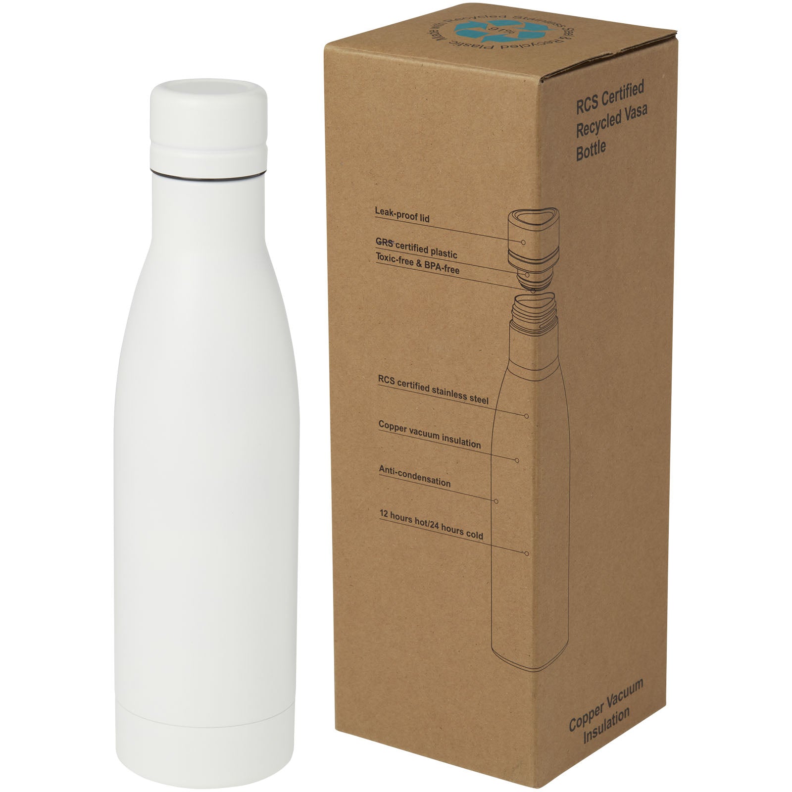 Vasa RCS-zertifizierte Kupfer-Vakuum Isolierflasche aus recyceltem Edelstahl, 500 ml – Weiss