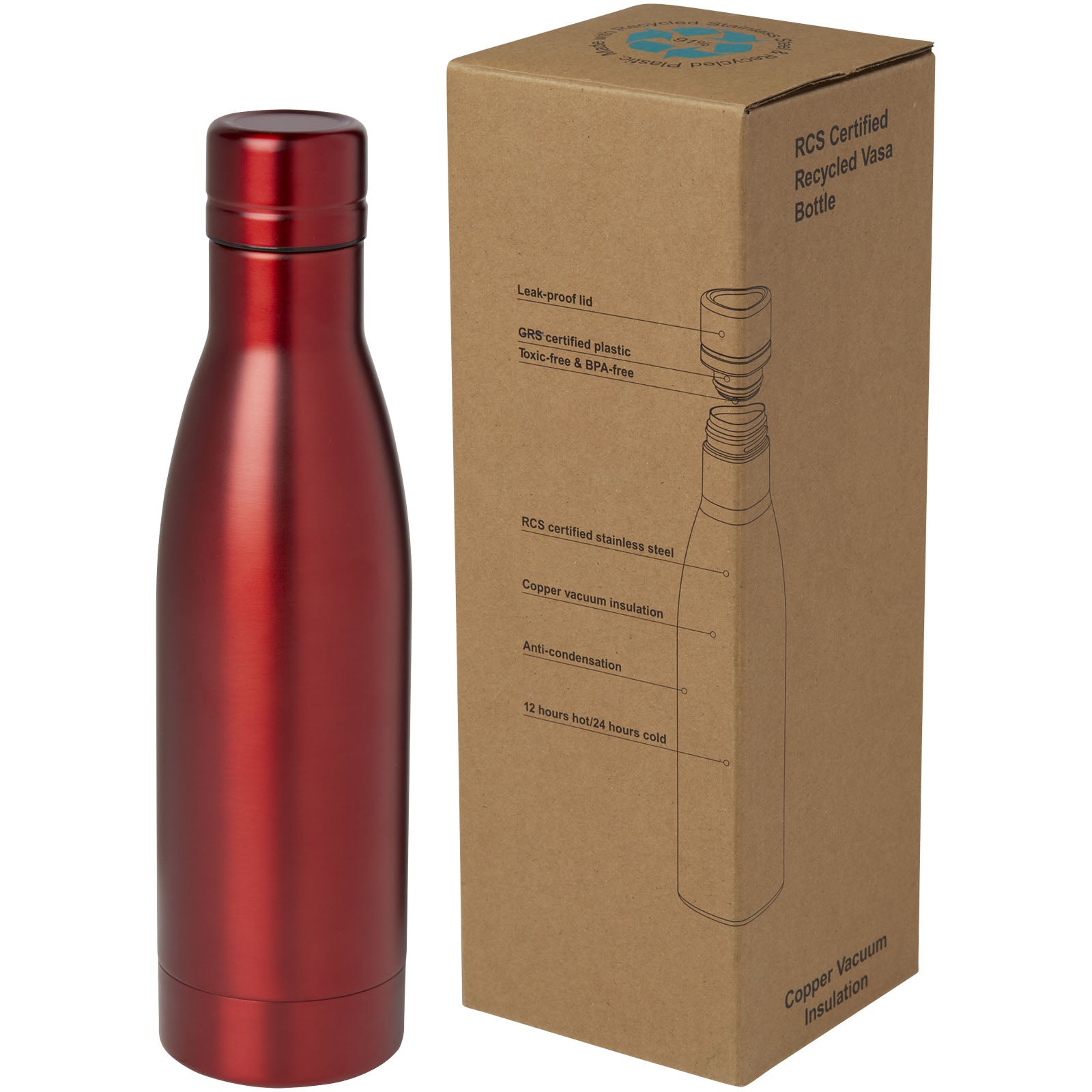 Vasa RCS-zertifizierte Kupfer-Vakuum Isolierflasche aus recyceltem Edelstahl, 500 ml – Rot