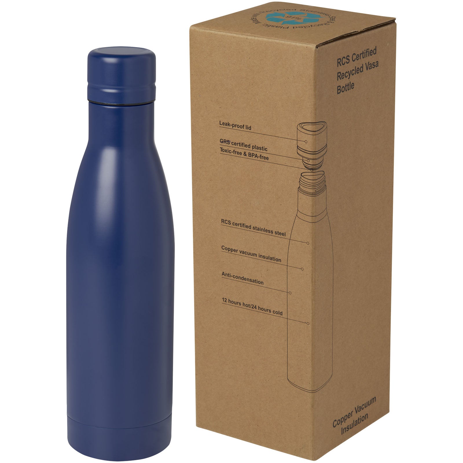 Vasa RCS-zertifizierte Kupfer-Vakuum Isolierflasche aus recyceltem Edelstahl, 500 ml – Blau