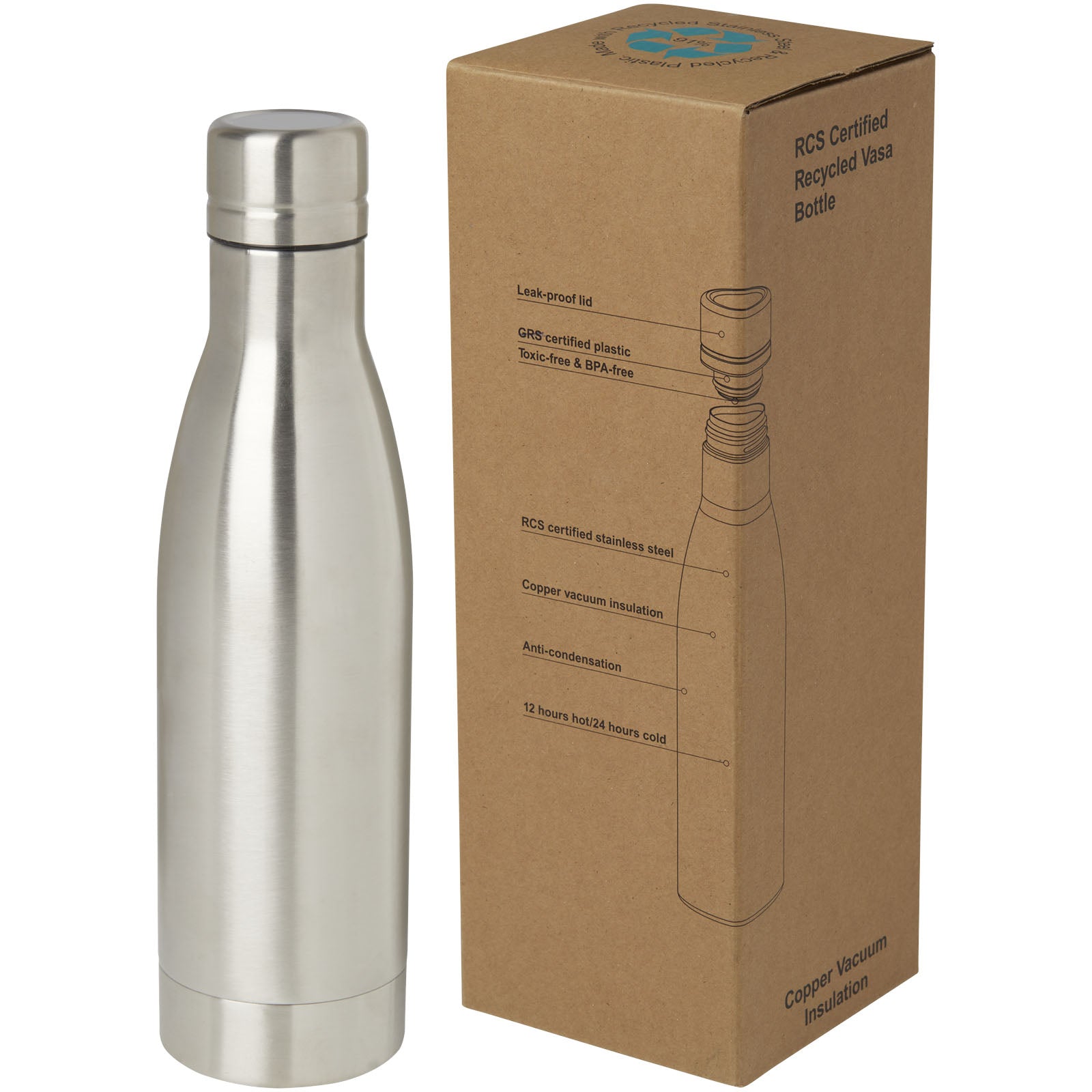Vasa RCS-zertifizierte Kupfer-Vakuum Isolierflasche aus recyceltem Edelstahl, 500 ml – Silber