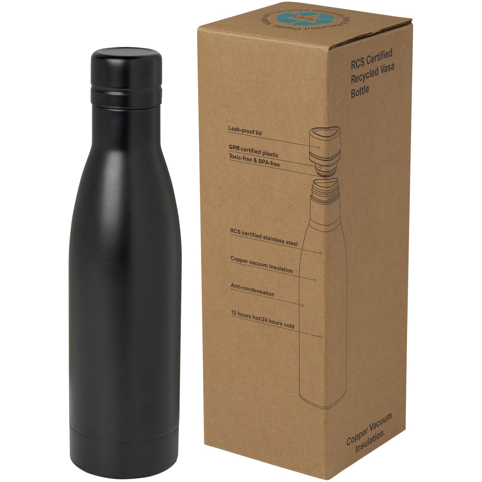 Vasa RCS-zertifizierte Kupfer-Vakuum Isolierflasche aus recyceltem Edelstahl, 500 ml – Schwarz