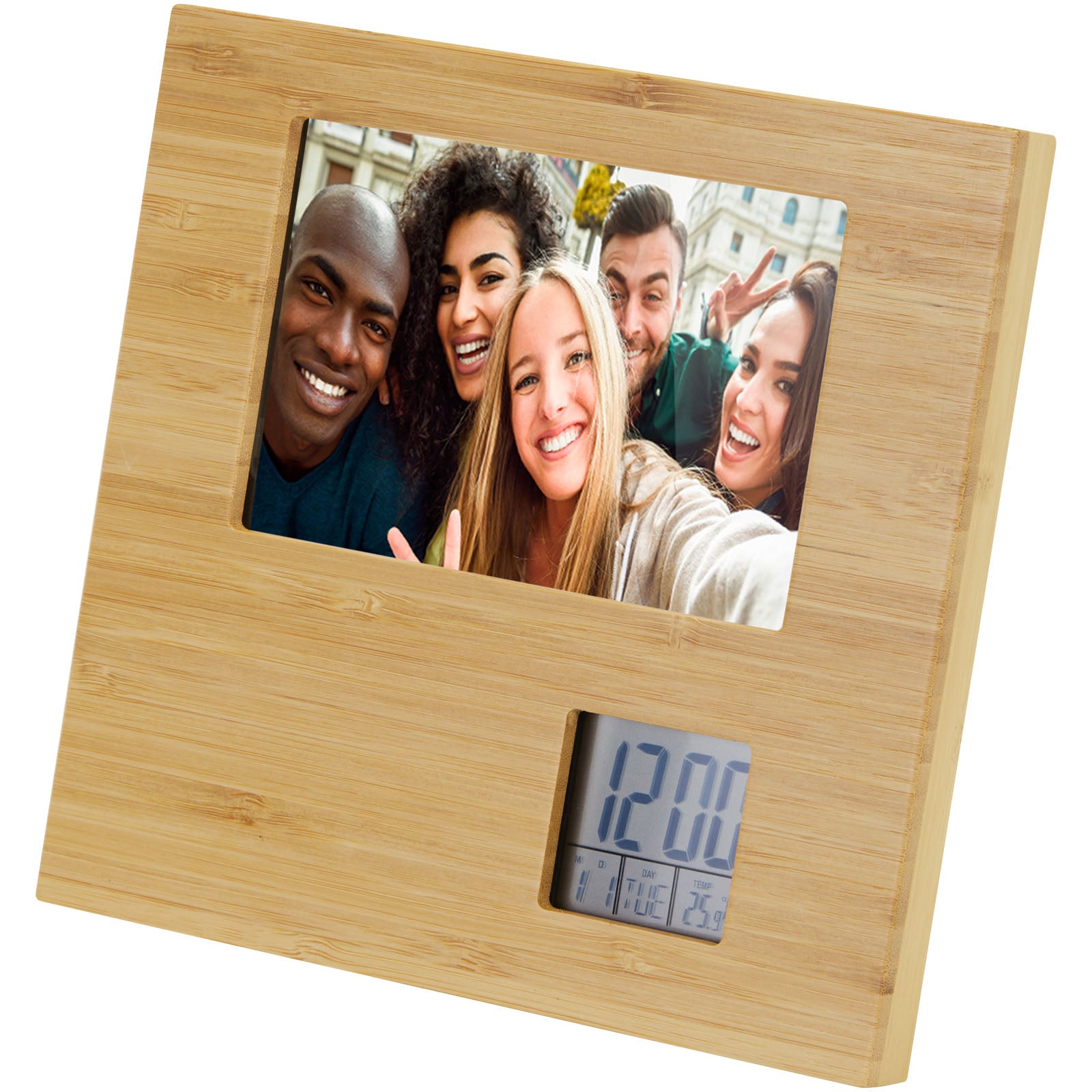 Sasa Bambus Fotorahmen Tischuhr mit Thermometer – Natur