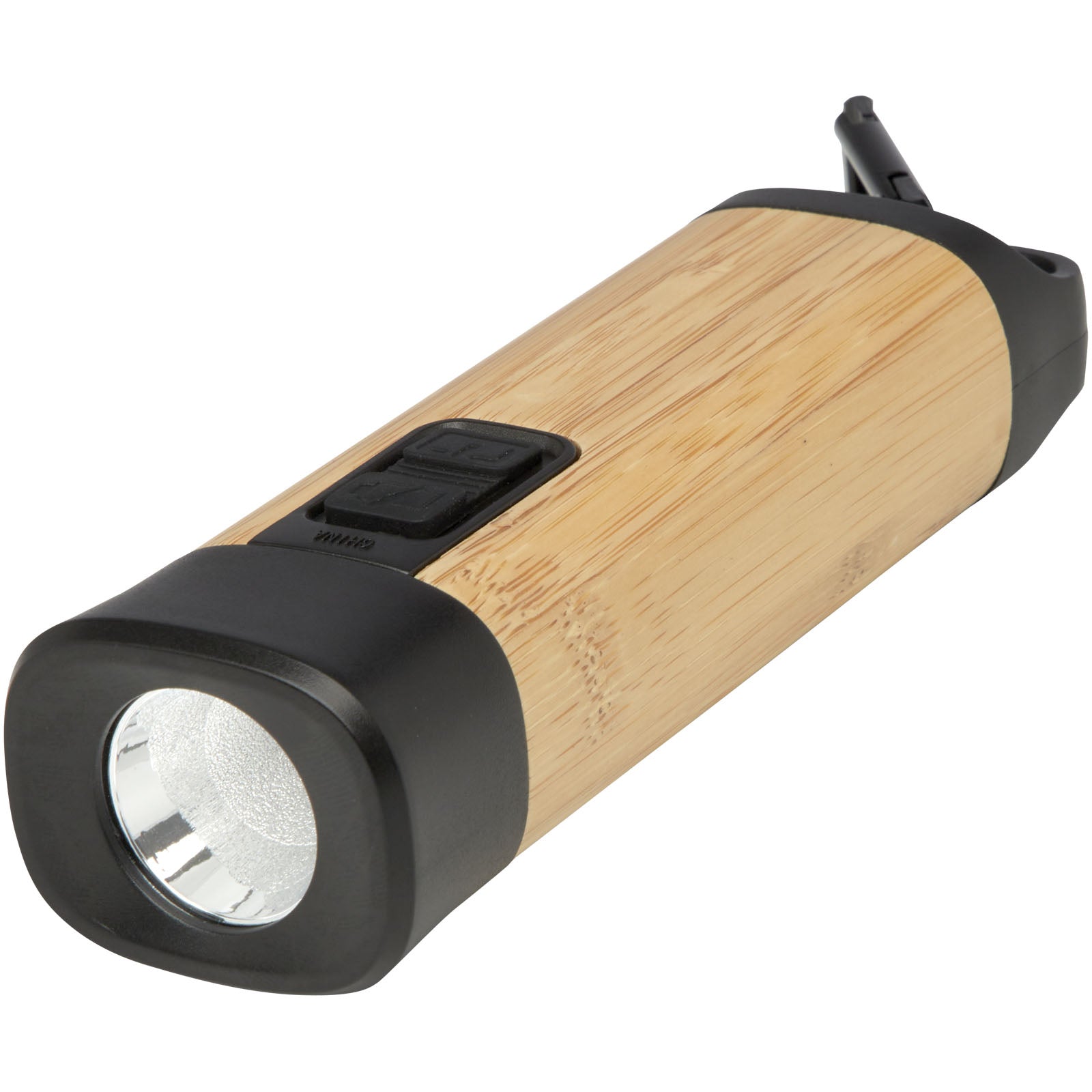 Kuma Taschenlampe aus Bambus und recyceltem RCS Kunststoff mit Karabinerhaken – Natur
