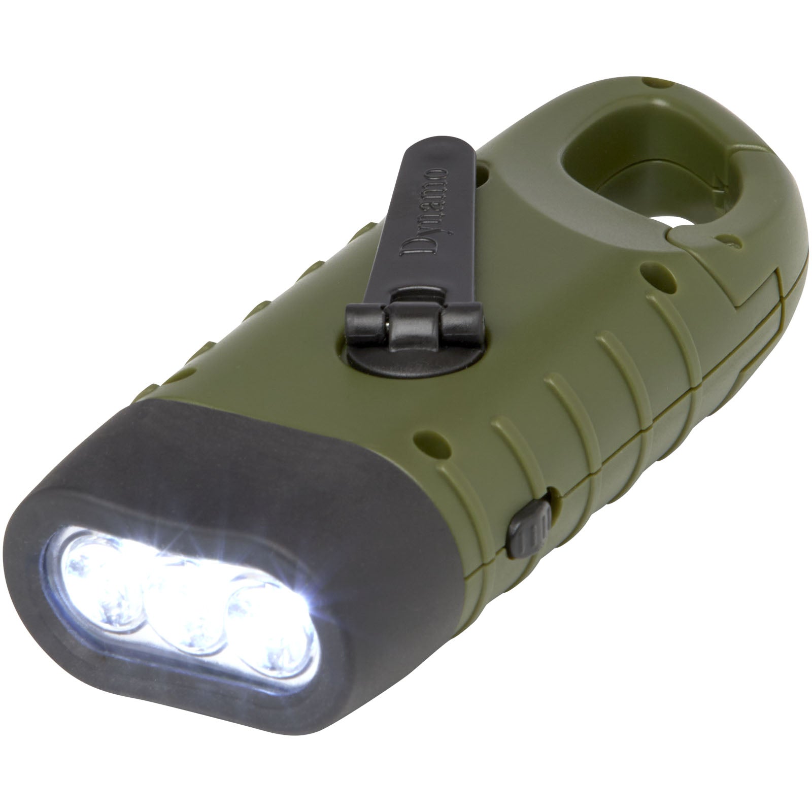 Helios Solar-Dynamo-Taschenlampe aus recyceltem Kunststoff mit Karabinerhaken – Armeegrün