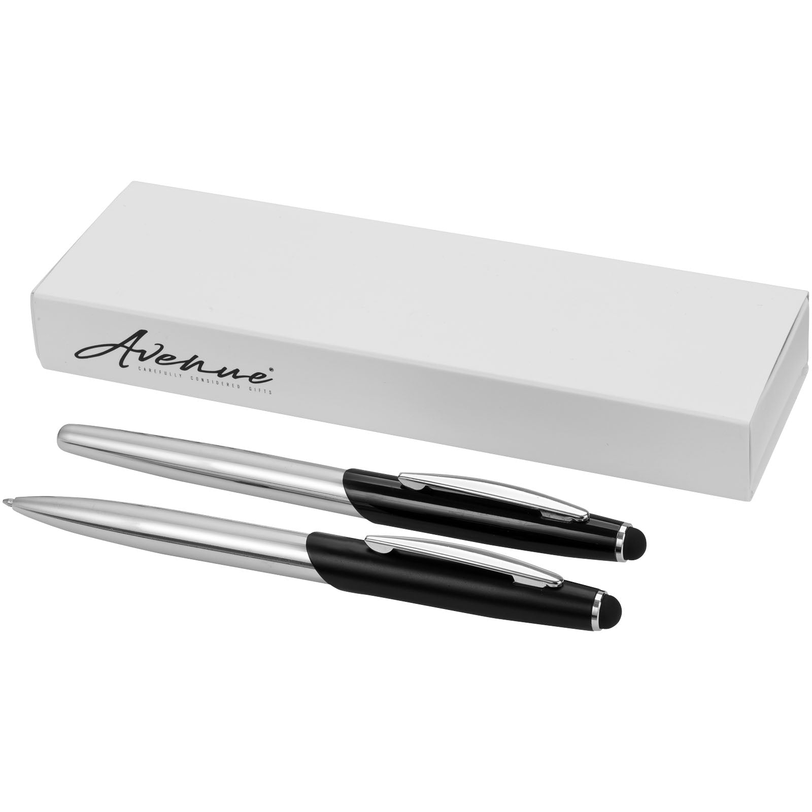 Geneva Stylus Kugelschreiber- und Tintenrollerset (blaue Mine) – Silber und Schwarz
