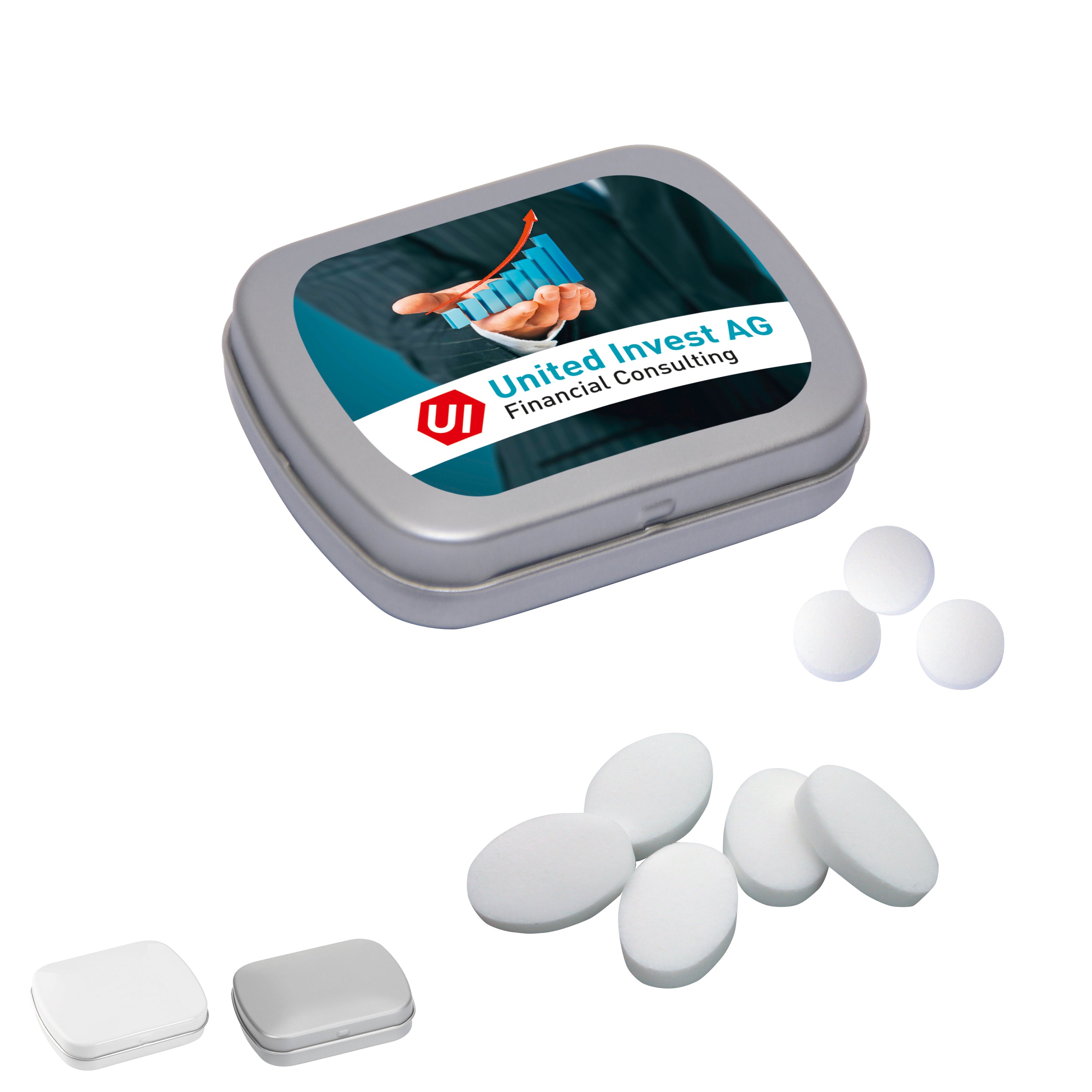 MINI-Klappdose mit Pfefferminzpastillen, 20g – weiß-glänzend