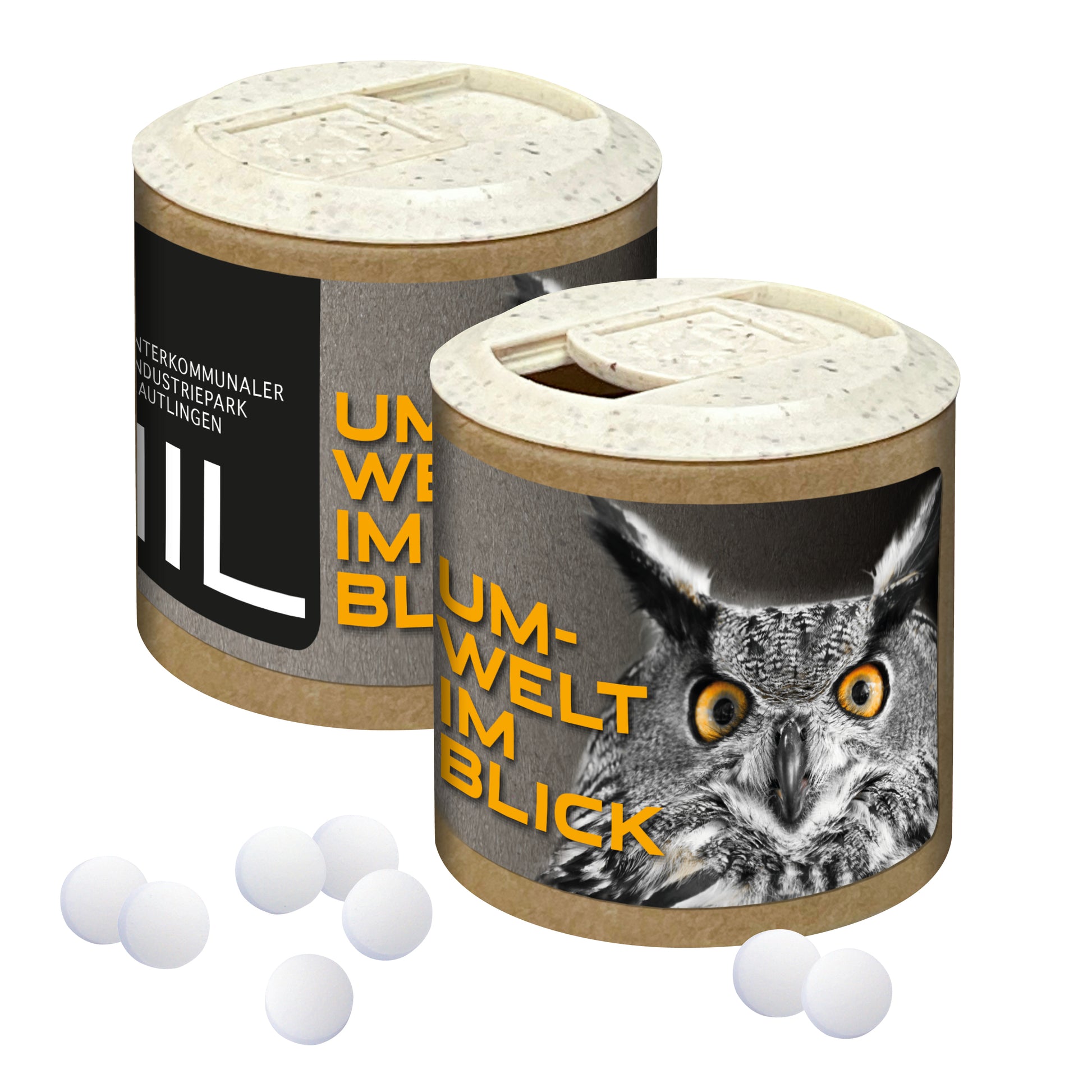 Papier-Werbedose mit Pfefferminzpastillen, 72g – Pfefferminzpast.