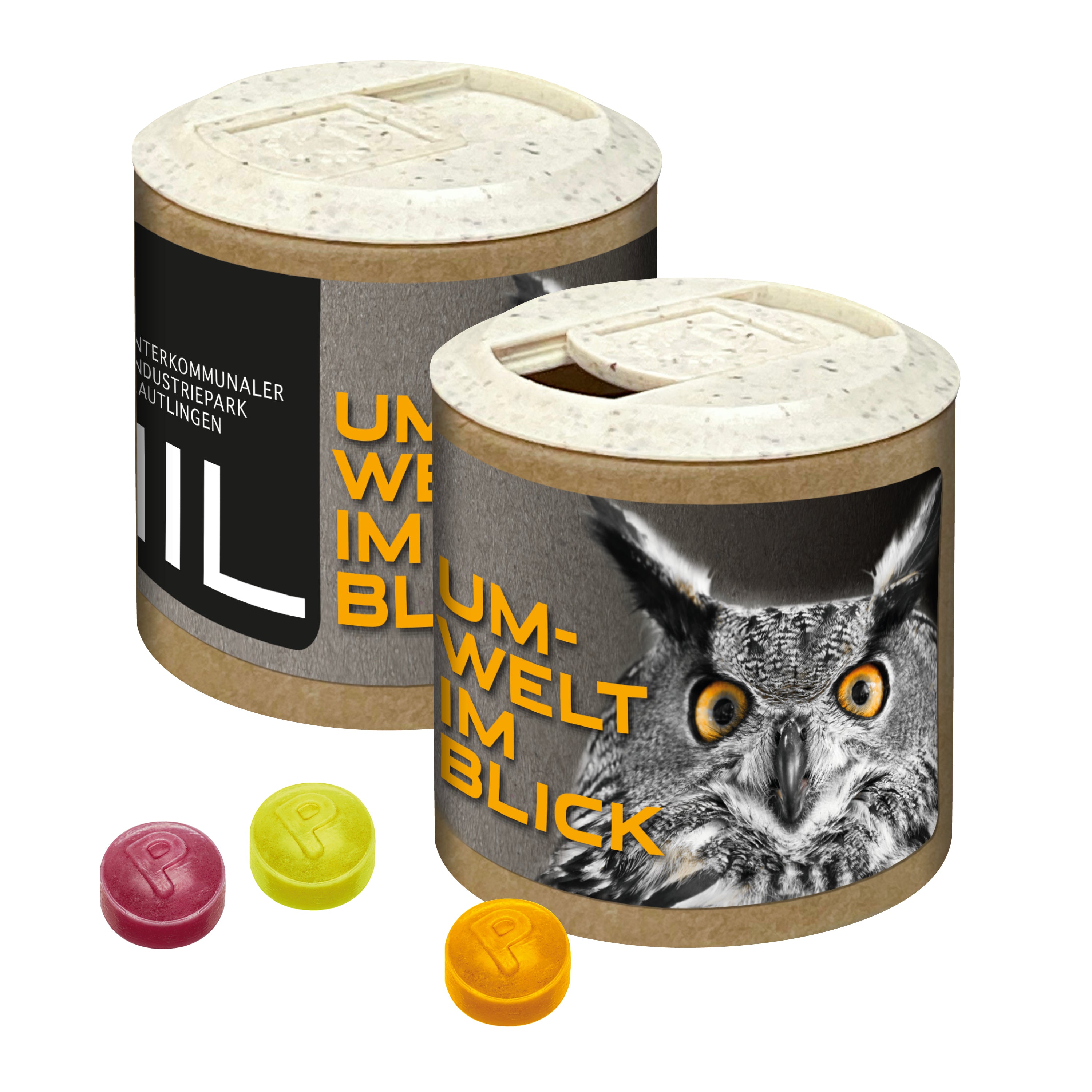 Papier-Werbedose mit Pulmoll Pastillen, 80g – Pulmoll Pastillen