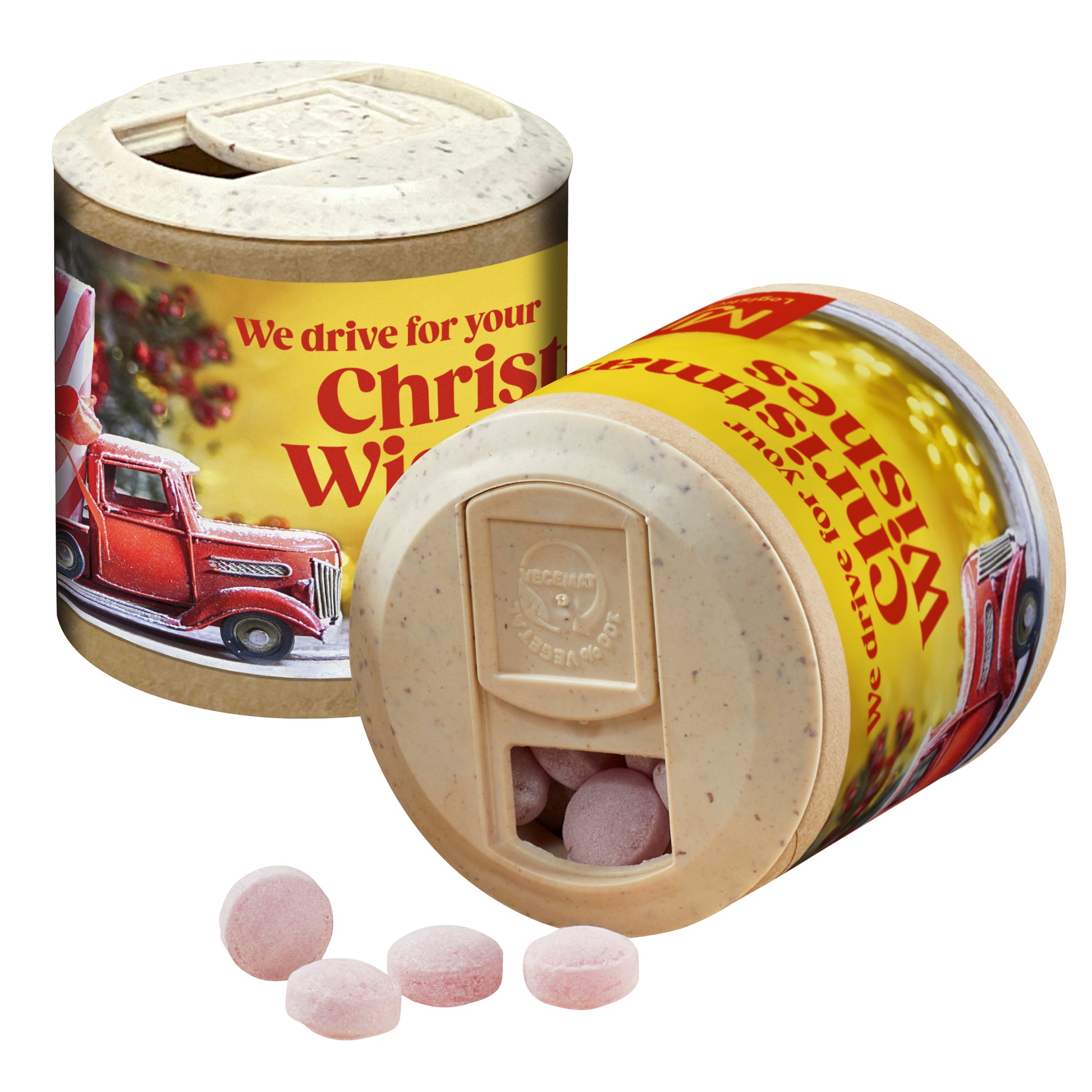 Papier-Werbedose mit Kalfany-Glühweinbonbons, 60g – Glühweinbonbons