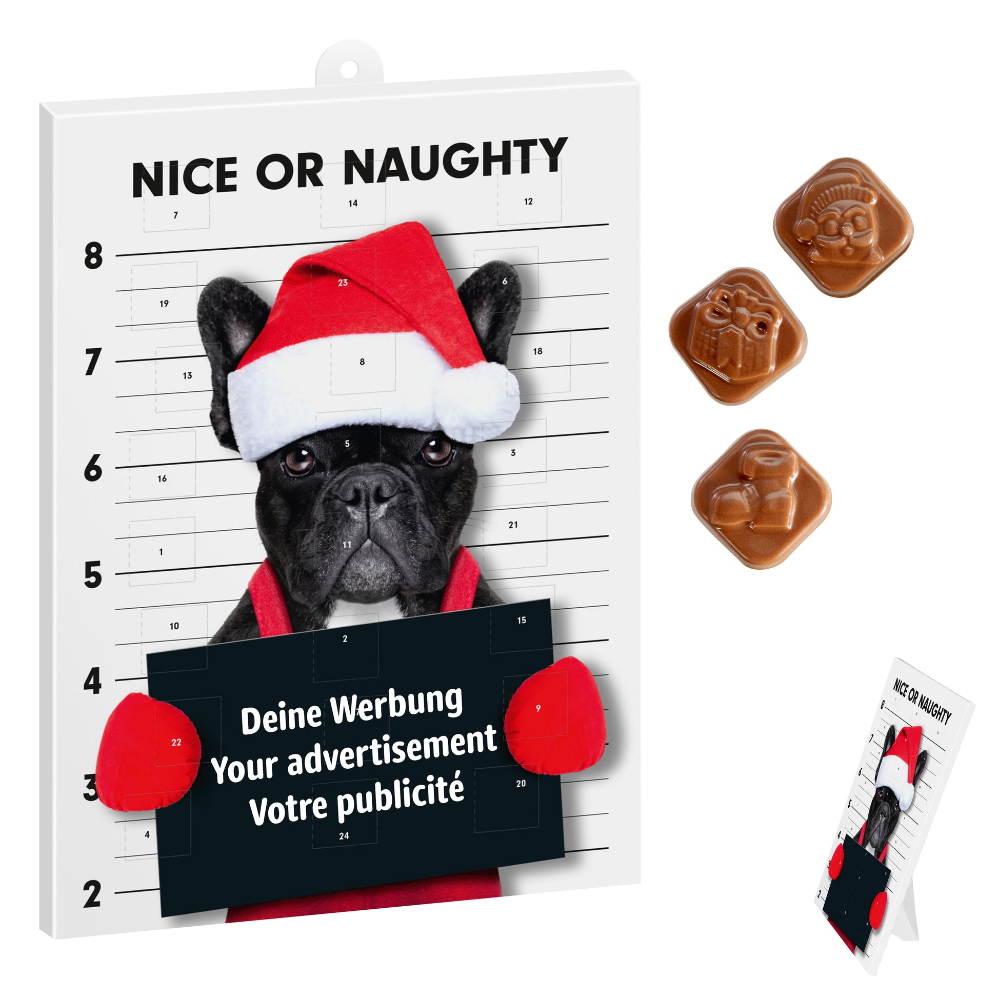 Classic Wand-/Tisch-Adventskalender – personalisierbares STANDARDMOTIV – 24 Schoko-Weihnachtsmotive