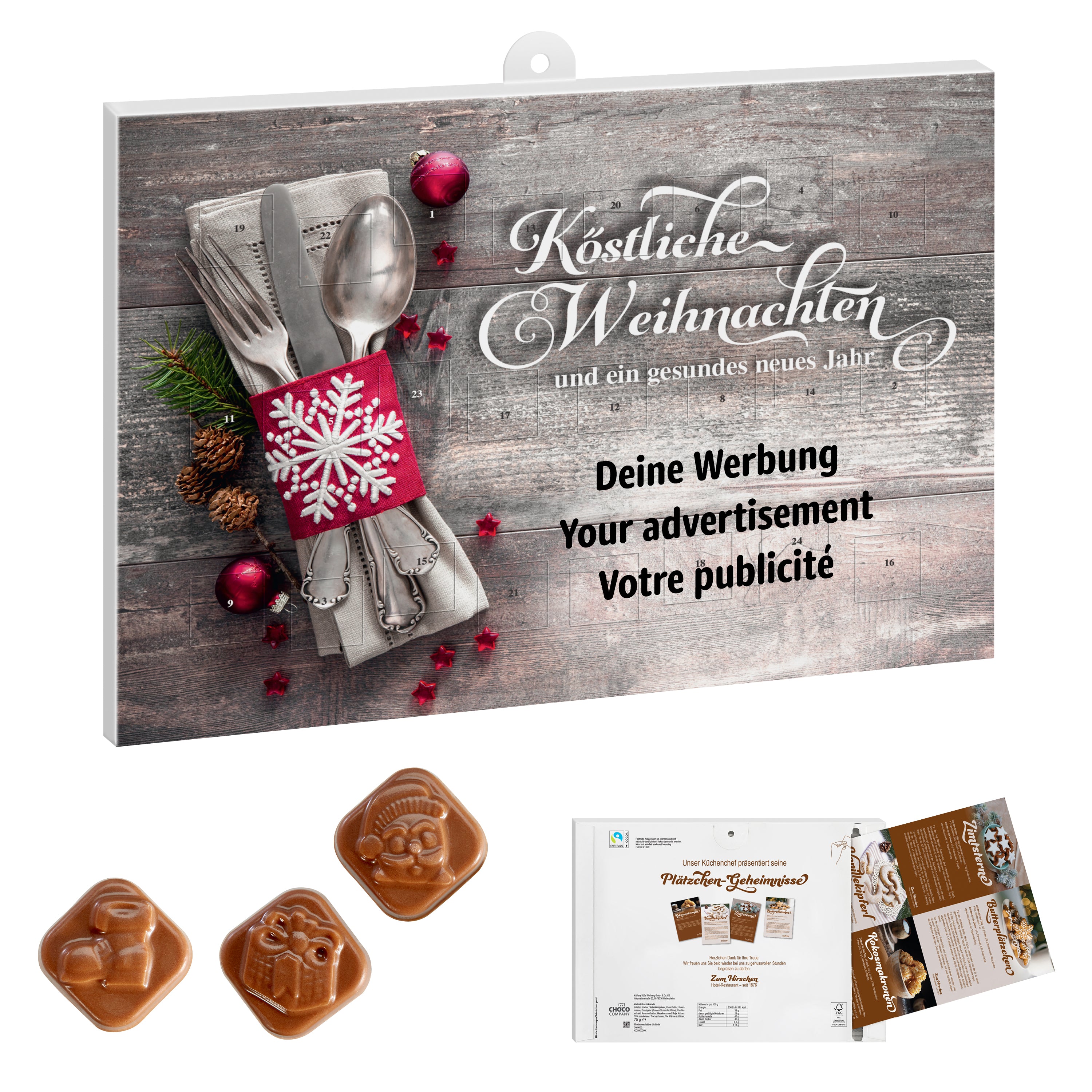 Werbeeinleger Adventskalender - personalisierbares STANDARDMOTIV – 24 Schoko-Weihnachtsmotive + 1 Werbeeinleger 1-seitig oder 2-seitig bedruckt