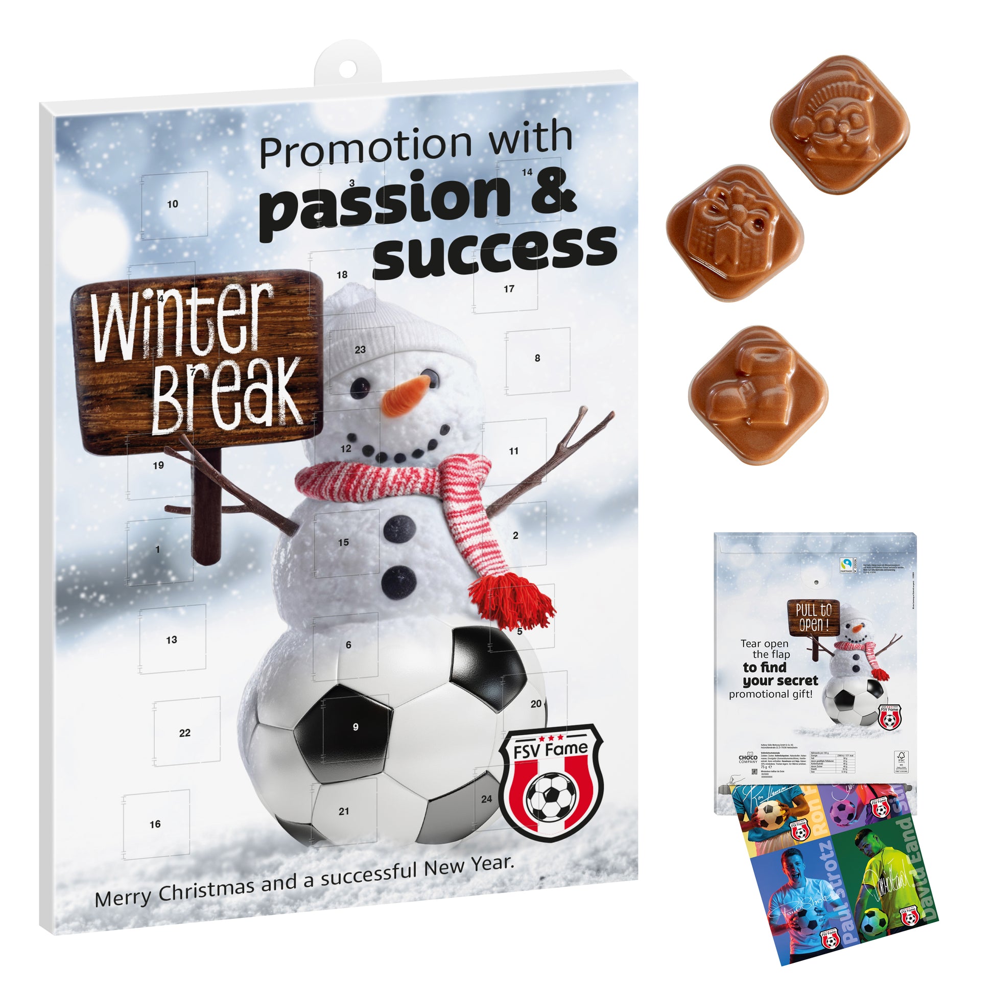 Werbeeinleger Adventskalender individuell – 24 Schoko-Weihnachtsmotive + 1 Werbeeinleger 1-seitig oder 2-seitig bedruckt