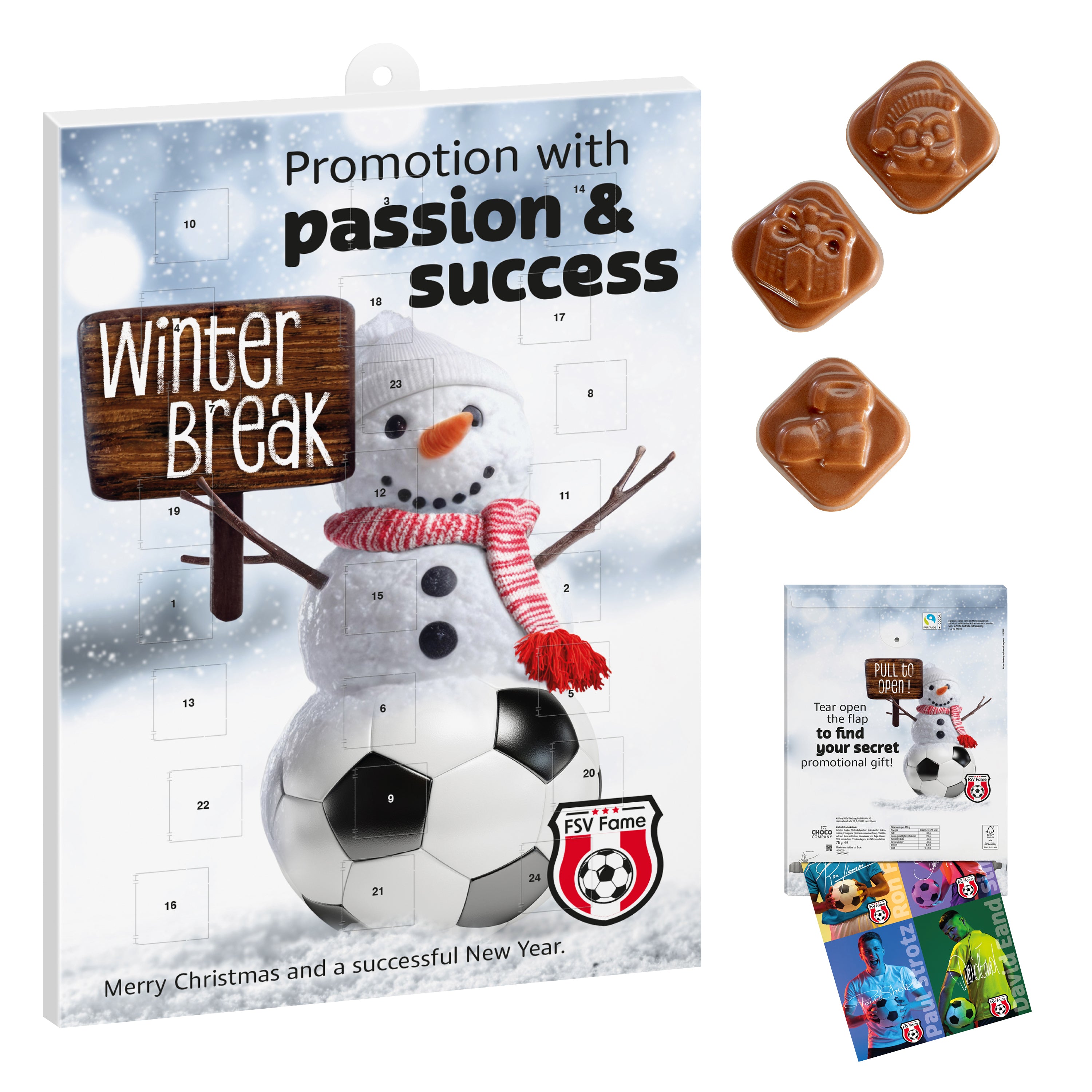 Werbeeinleger Adventskalender individuell – 24 Schoko-Weihnachtsmotive + 1 Werbeeinleger 1-seitig oder 2-seitig bedruckt