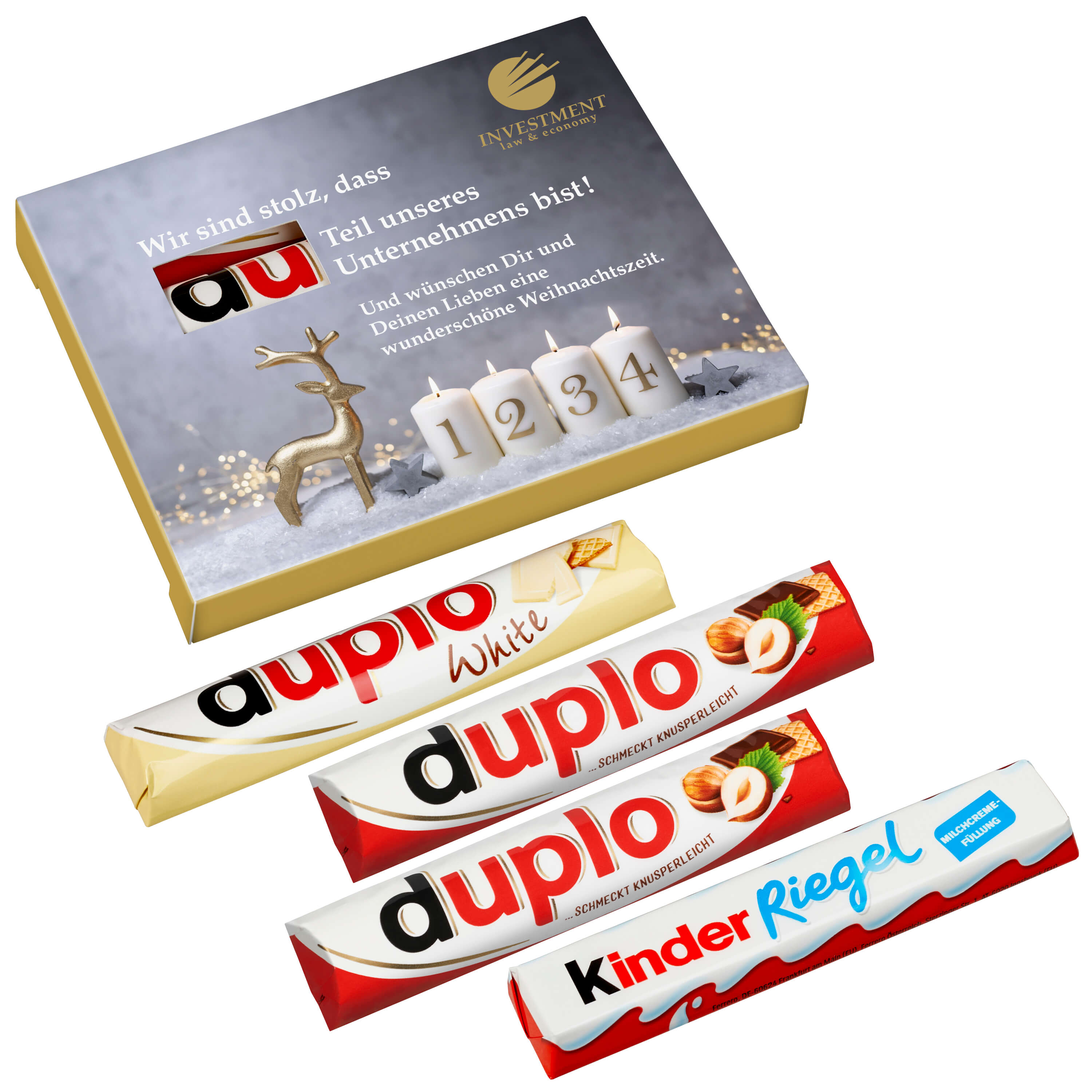 4er "Advent"s-Duplo-Pack (2x Duplo klassisch, 1x Duplo weiß und 1x Kinder Riegel) – 2x Duplo klassisch, 1x Duplo weiß, 1x Kinder Riegel