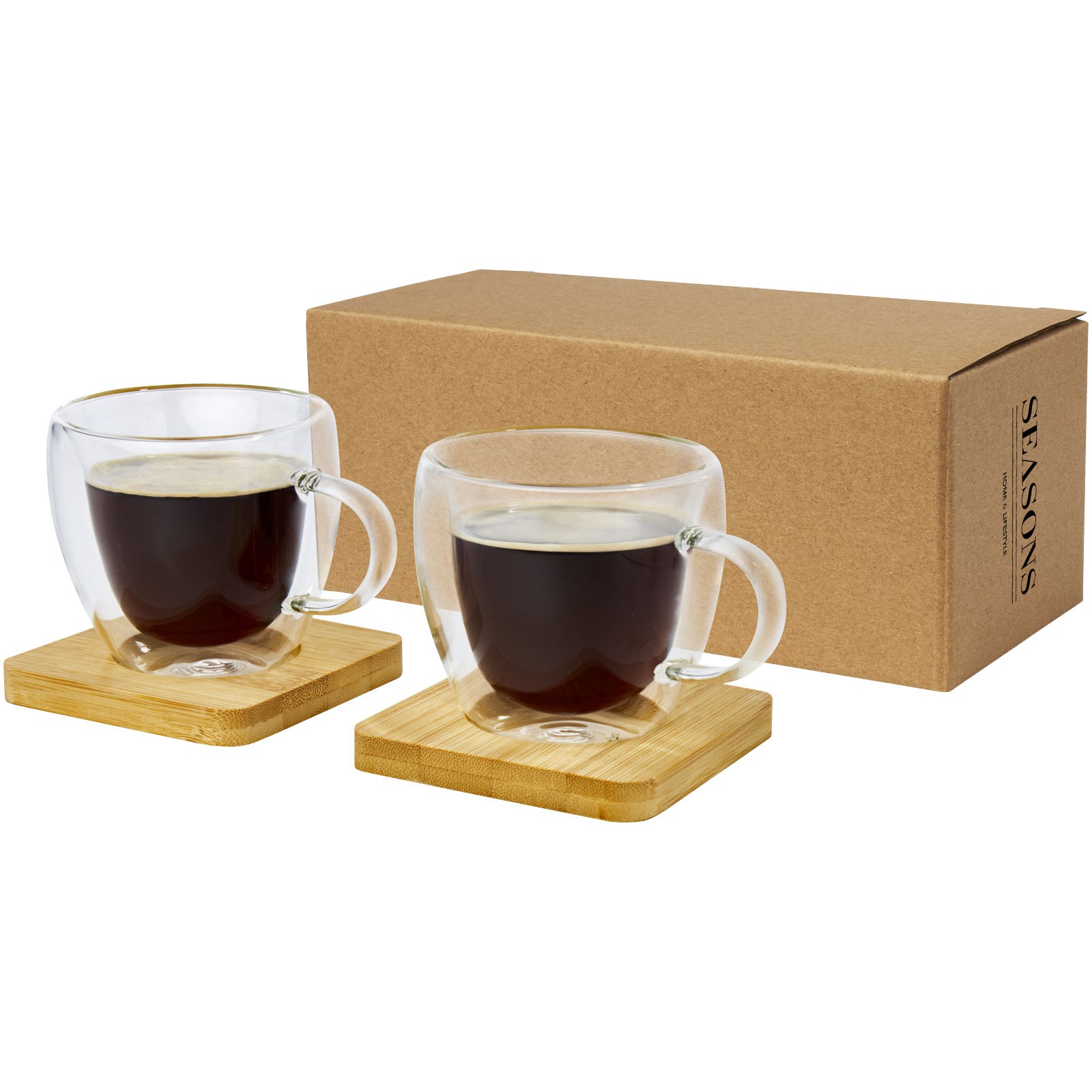 Manti 2-teiliger 100 ml doppelwandiger Glasbecher mit Bambusuntersetzer – Transparent und Natural