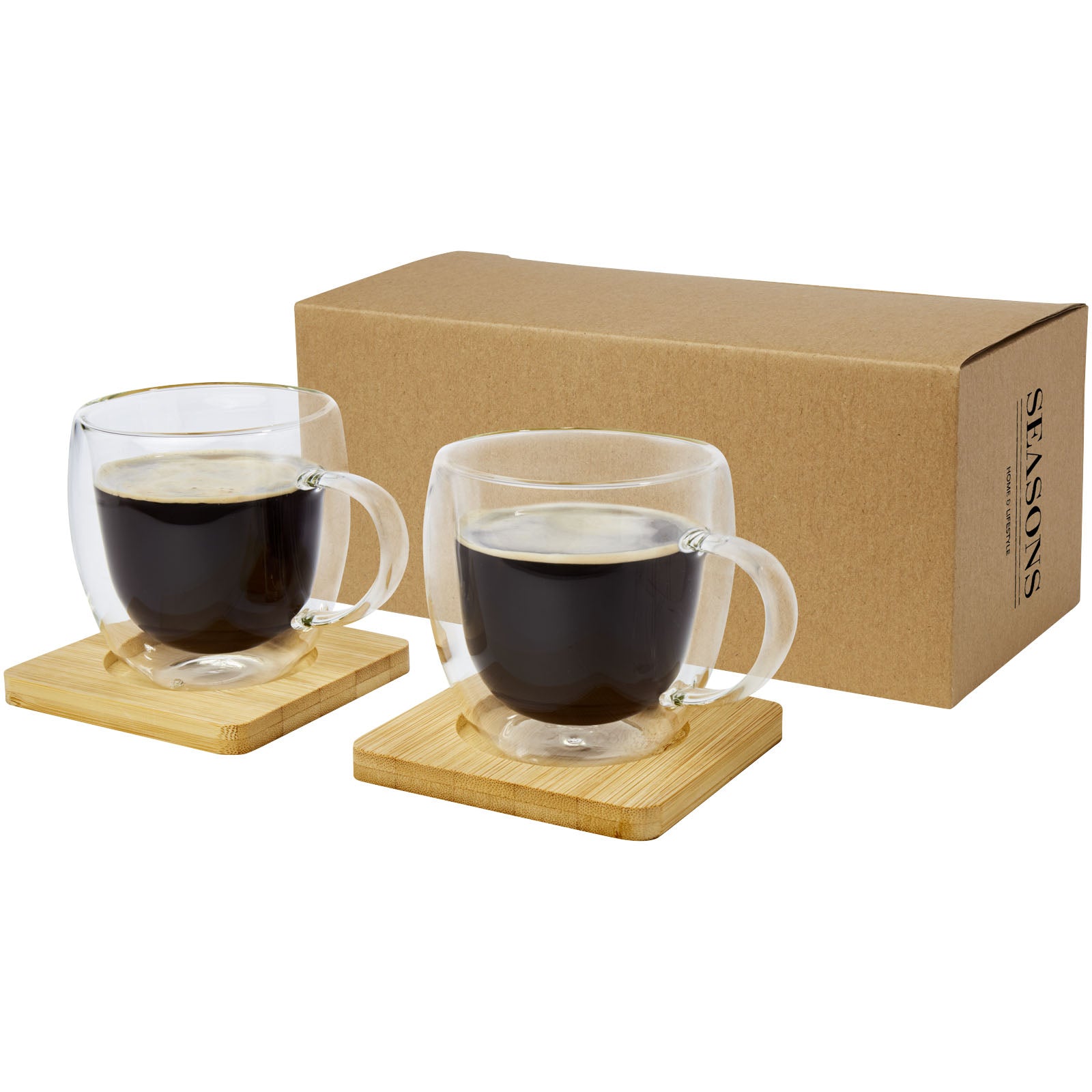 Manti 2-teiliger 250 ml doppelwandiger Glasbecher mit Bambusuntersetzer – Transparent und Natural