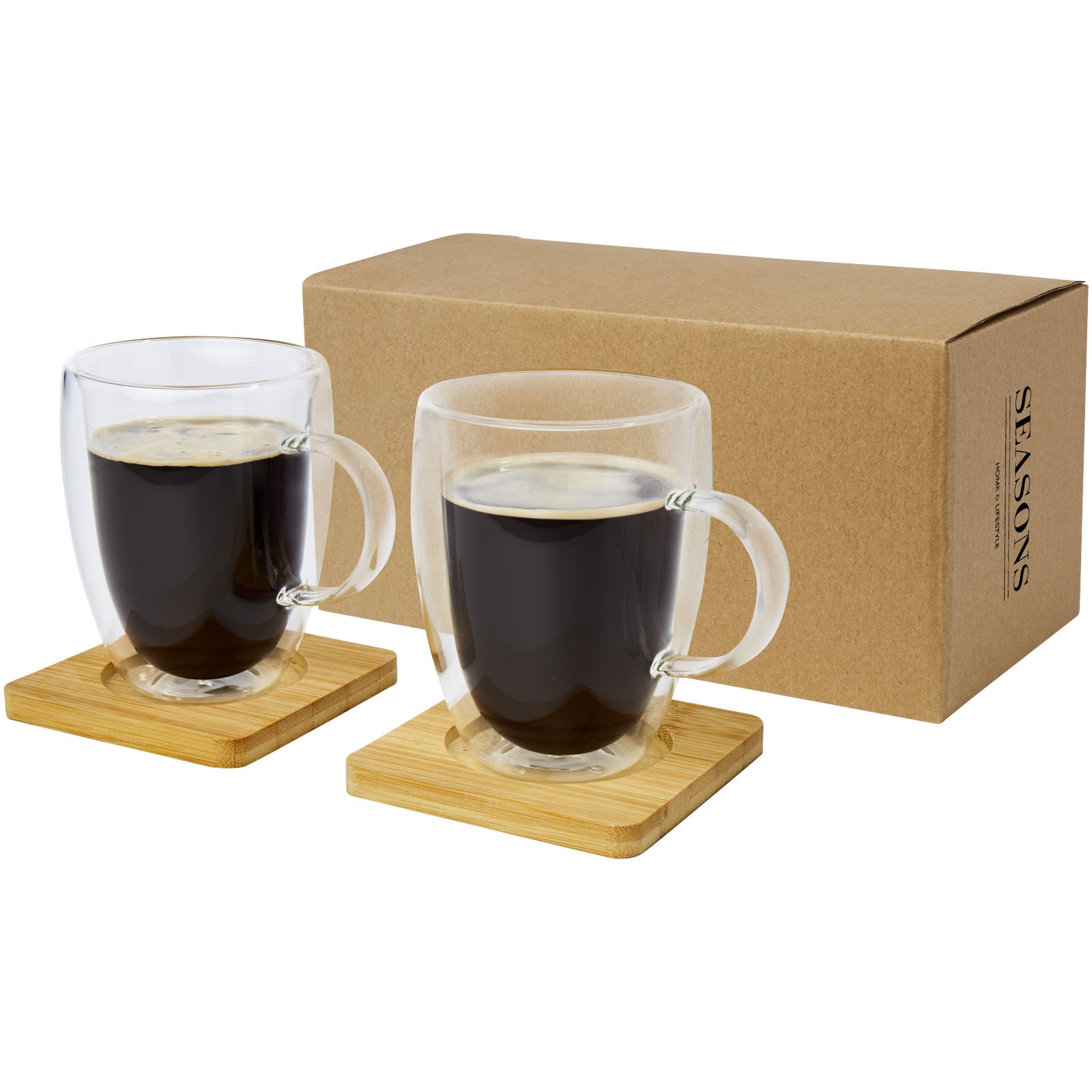 Manti 2-teiliger 350 ml doppelwandiger Glasbecher mit Bambusuntersetzer – Transparent und Natural