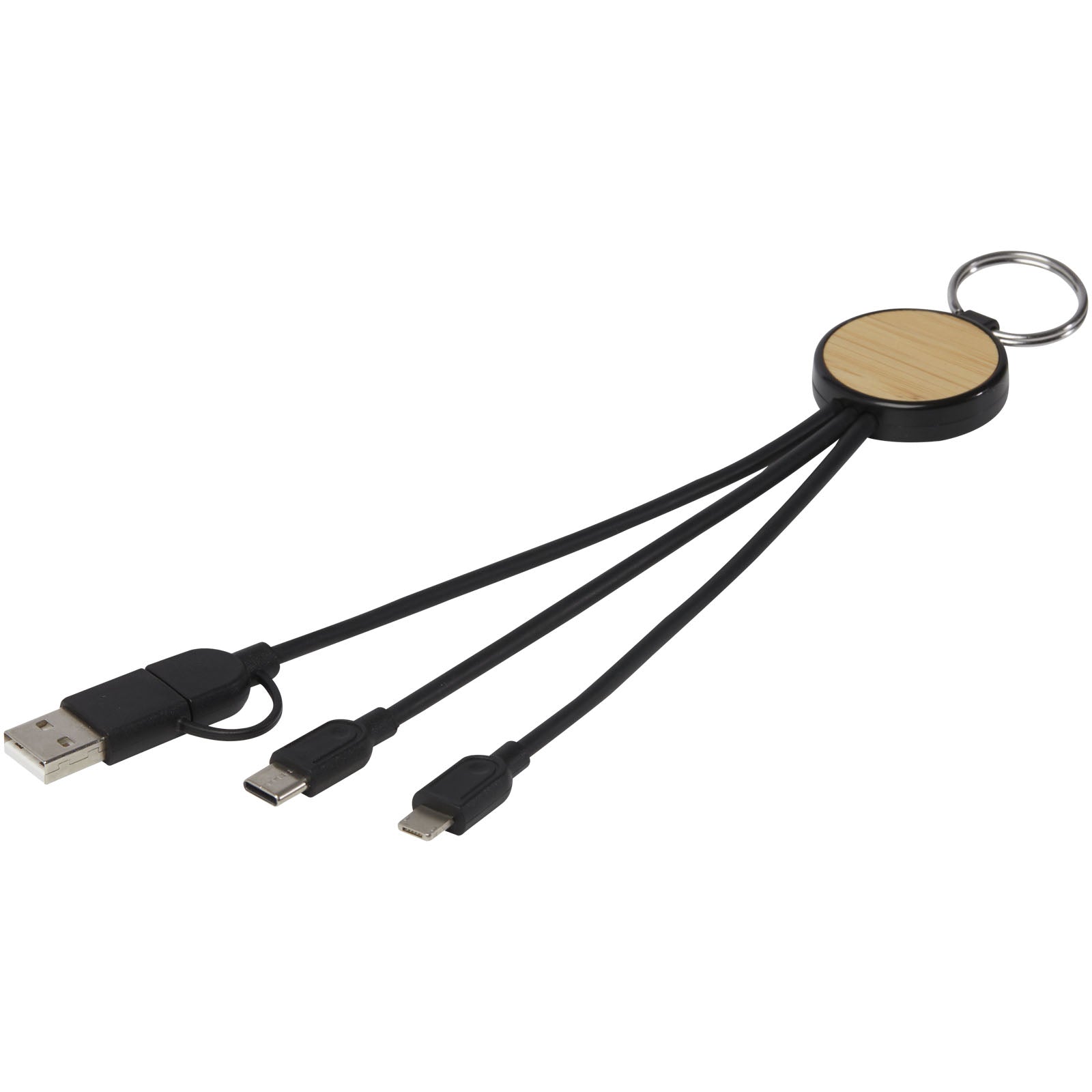 Tecta  6-in-1 Ladekabel mit Schlüsselring aus recyceltem Kunststoff und Bambus – Schwarz