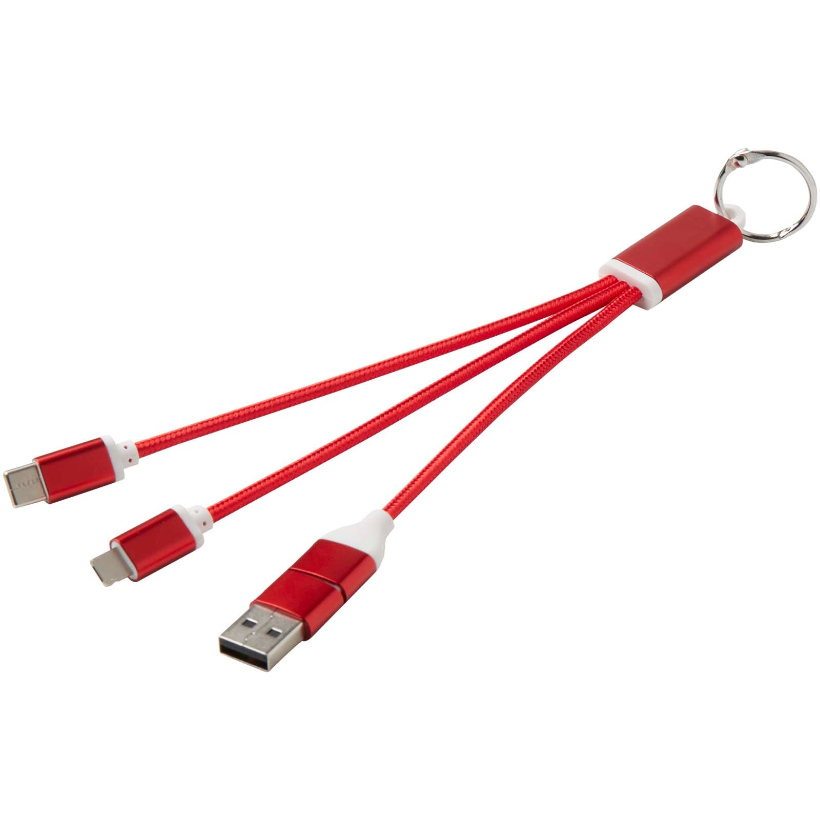 Metal 4-in-1 Ladekabel aus recyceltem Aluminium mit Schlüsselanhänger – Rot