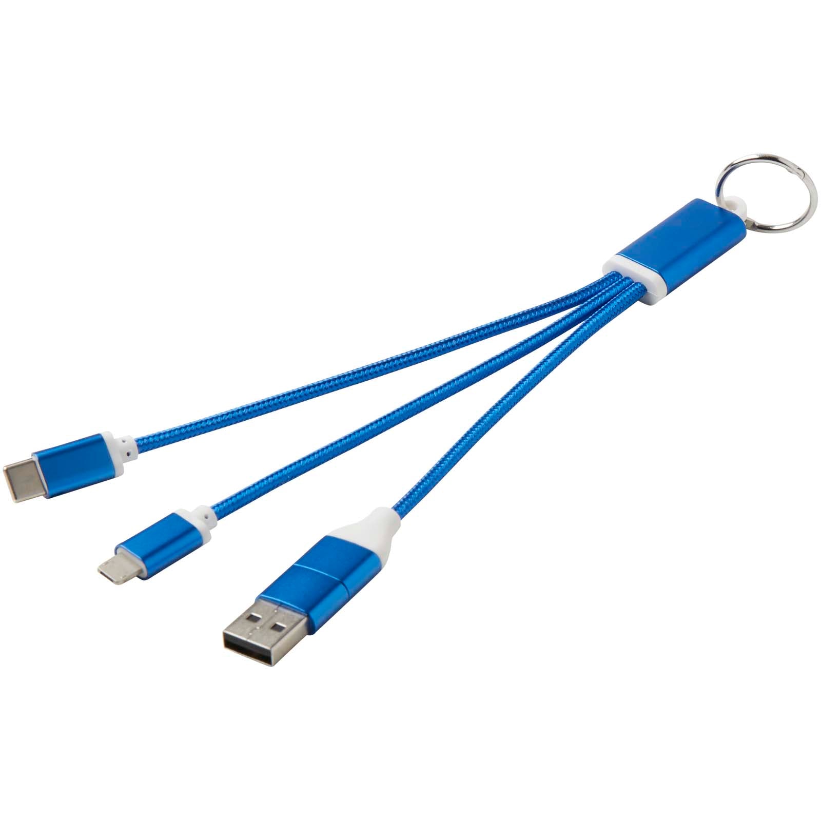 Metal 4-in-1 Ladekabel aus recyceltem Aluminium mit Schlüsselanhänger – Royalblau