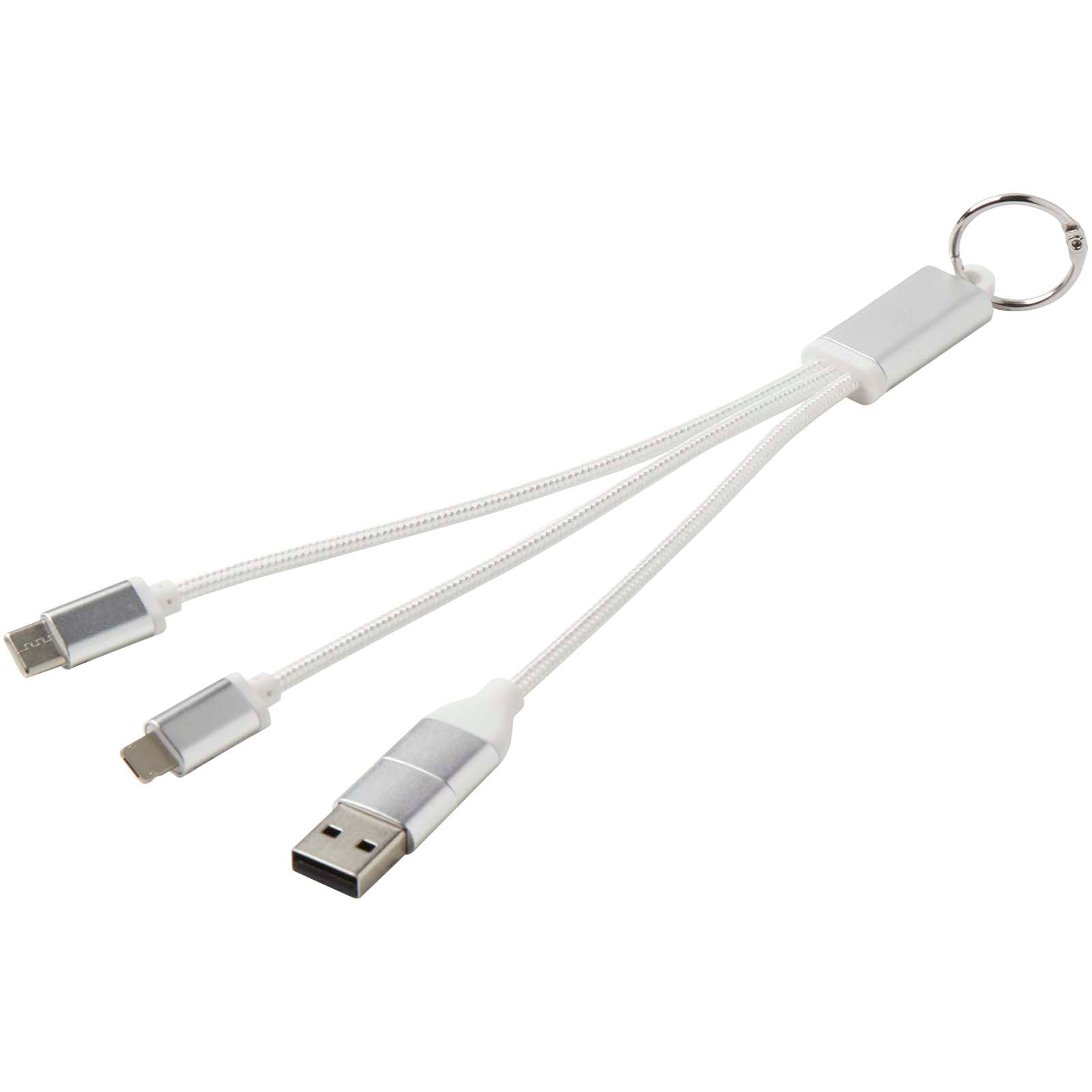 Metal 4-in-1 Ladekabel aus recyceltem Aluminium mit Schlüsselanhänger – Silber