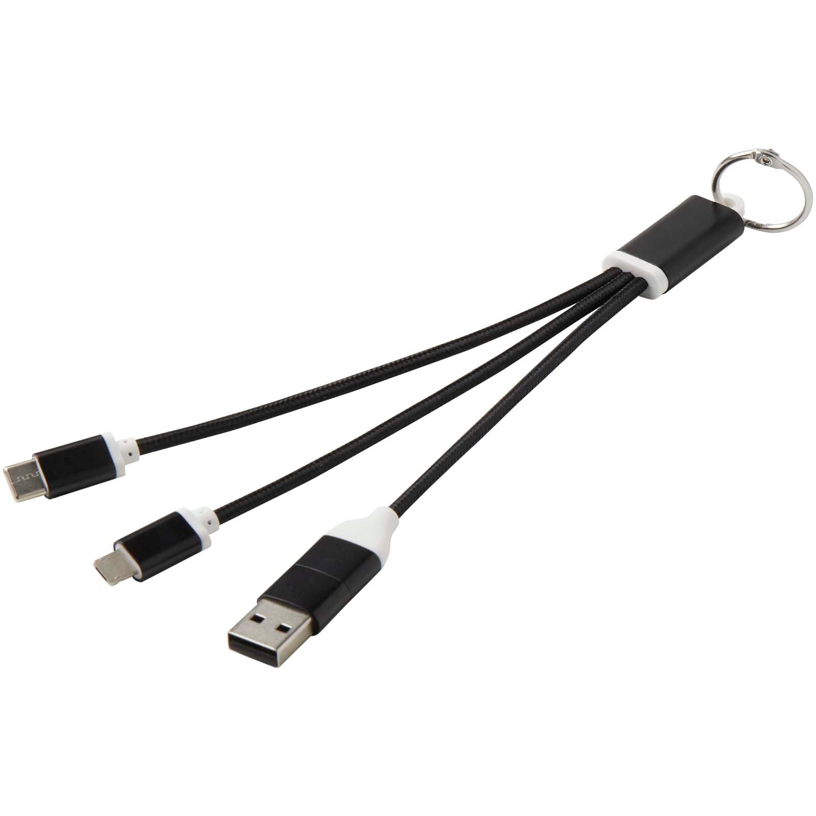 Metal 4-in-1 Ladekabel aus recyceltem Aluminium mit Schlüsselanhänger – Schwarz