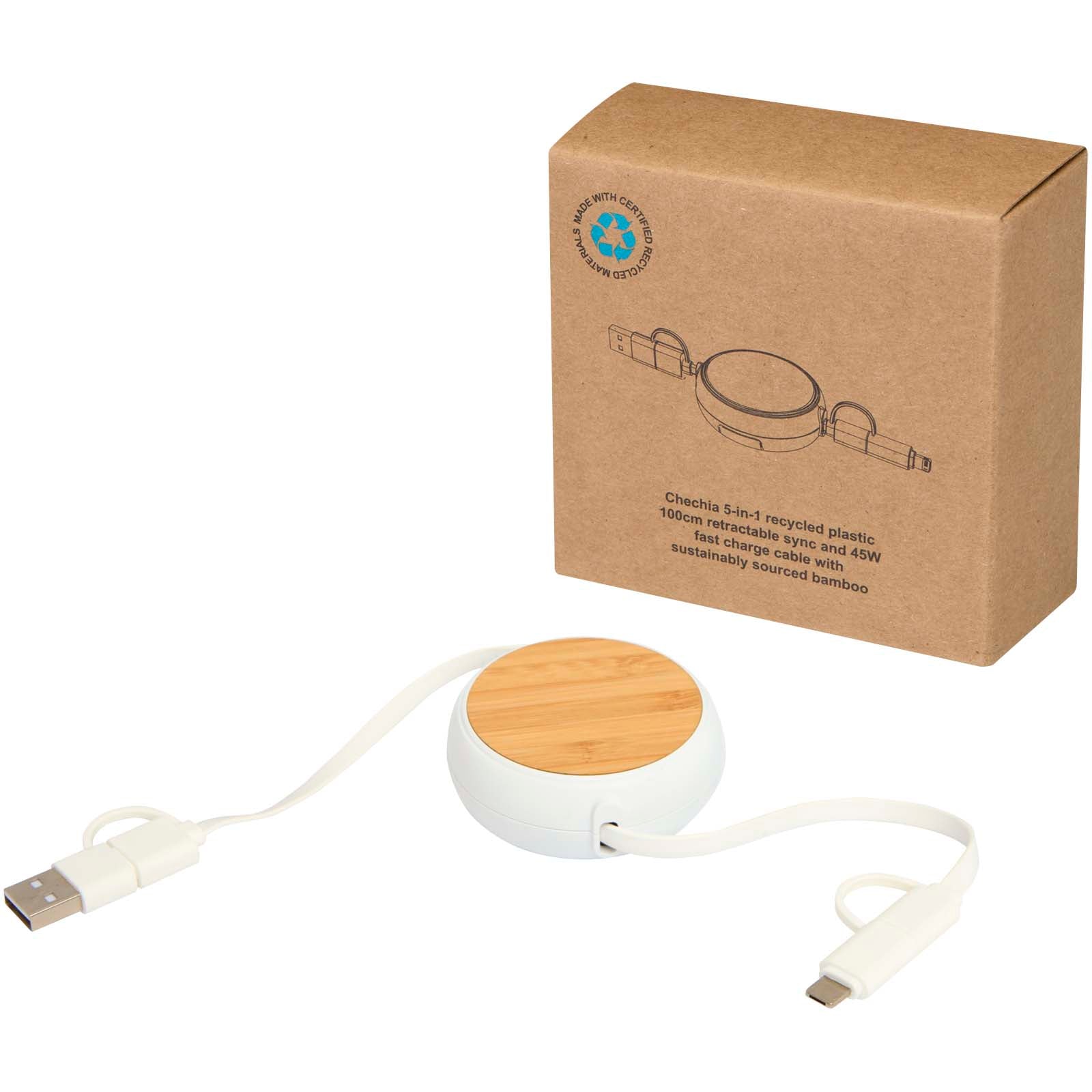 Chechia 100cm 5-in-1 Kabel aus recyceltem Kunststoff, einziehbar, für Datenübertragung und 45W Schnellladung mit Bambusdetail – Weiss