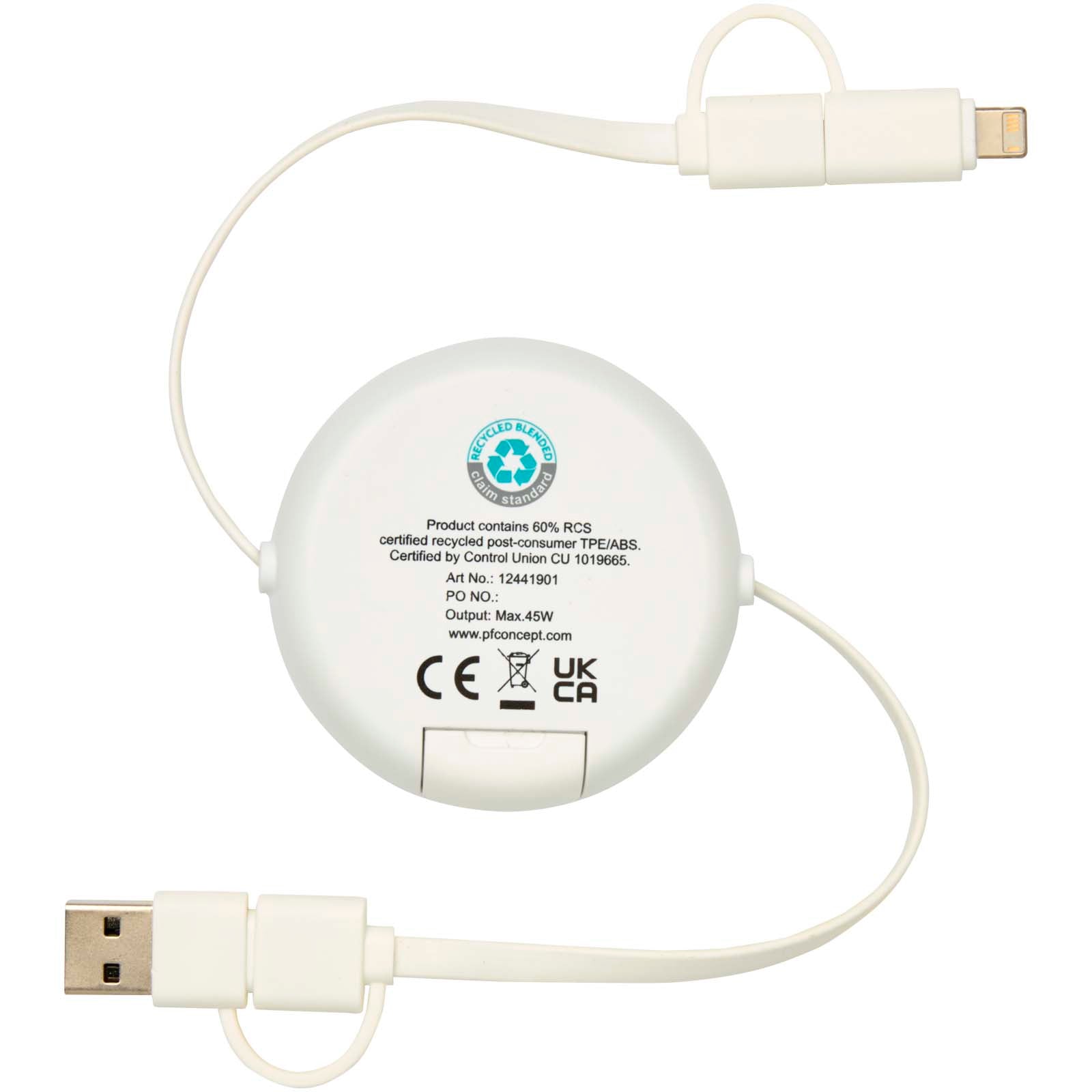 Chechia 100cm 5-in-1 Kabel aus recyceltem Kunststoff, einziehbar, für Datenübertragung und 45W Schnellladung mit Bambusdetail
