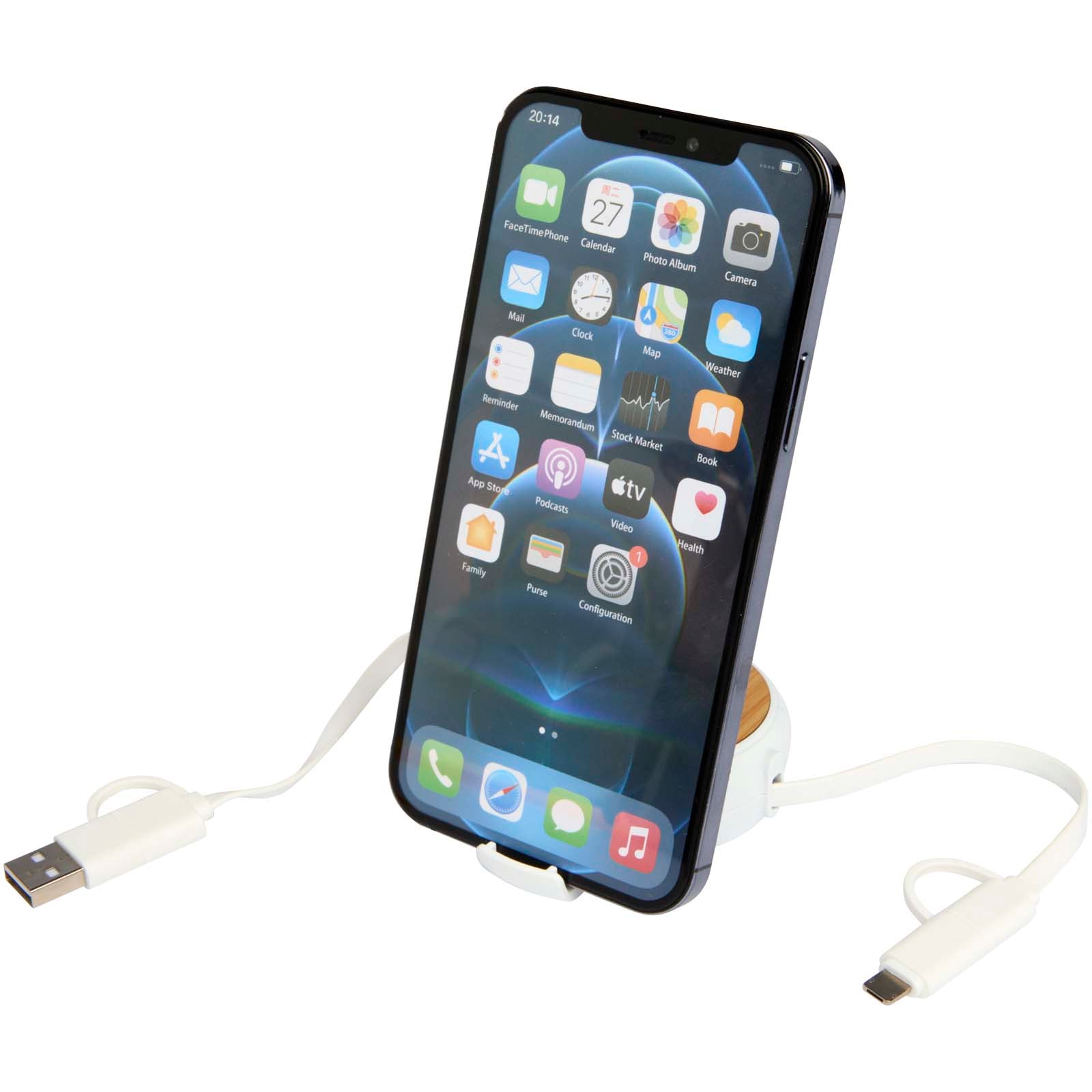 Chechia 100cm 5-in-1 Kabel aus recyceltem Kunststoff, einziehbar, für Datenübertragung und 45W Schnellladung mit Bambusdetail