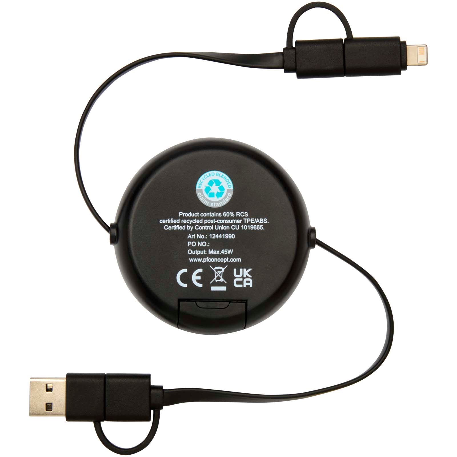 Chechia 100cm 5-in-1 Kabel aus recyceltem Kunststoff, einziehbar, für Datenübertragung und 45W Schnellladung mit Bambusdetail