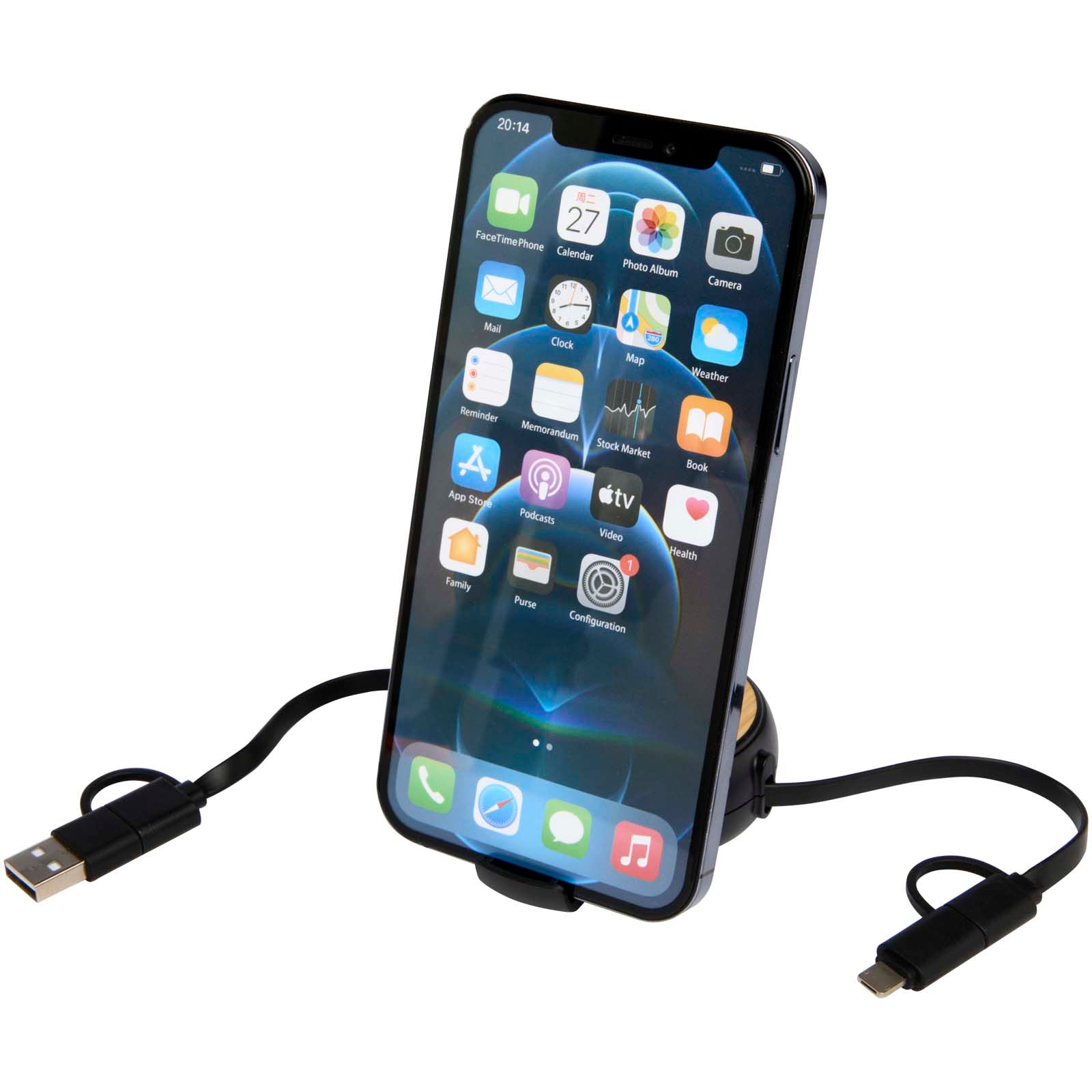 Chechia 100cm 5-in-1 Kabel aus recyceltem Kunststoff, einziehbar, für Datenübertragung und 45W Schnellladung mit Bambusdetail