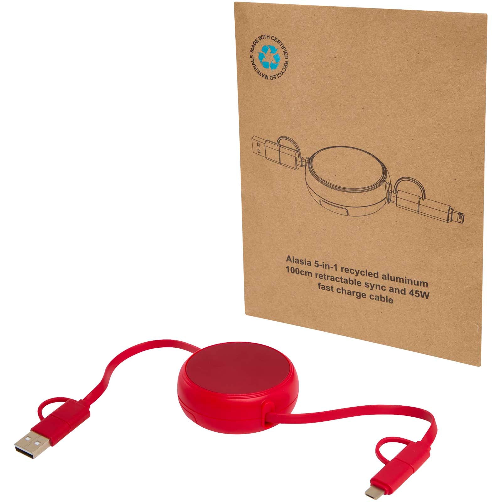 Alasia 100 cm 5-in-1 Kabel aus recyceltem Kunststoff und Aluminium, einziehbar, für Datenübertragung und mit 45W Schnellladun – Rot