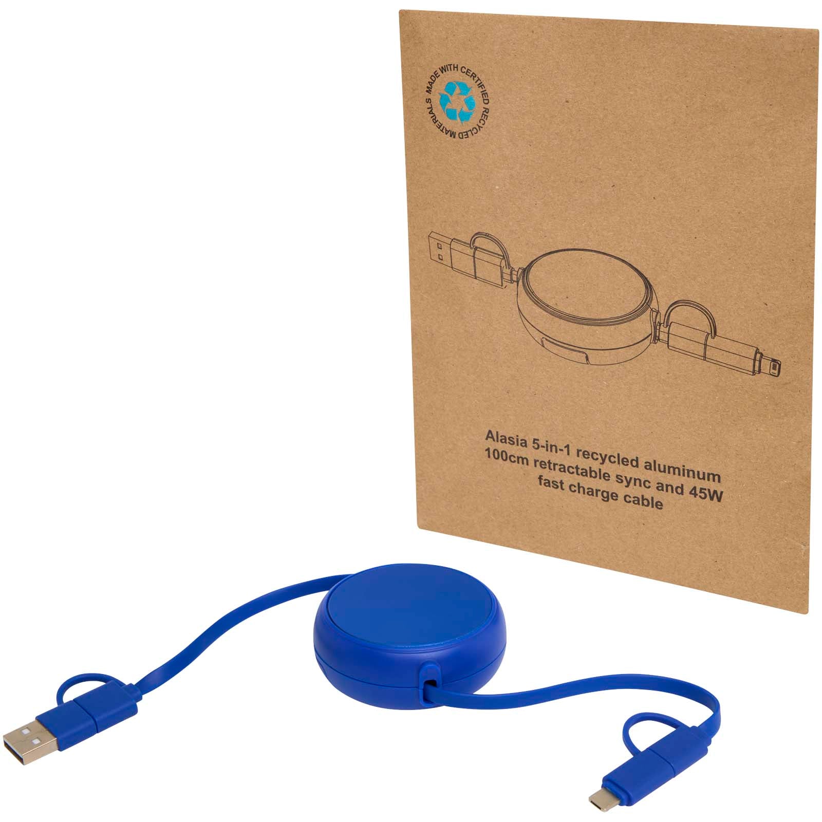 Alasia 100 cm 5-in-1 Kabel aus recyceltem Kunststoff und Aluminium, einziehbar, für Datenübertragung und mit 45W Schnellladun – Royalblau