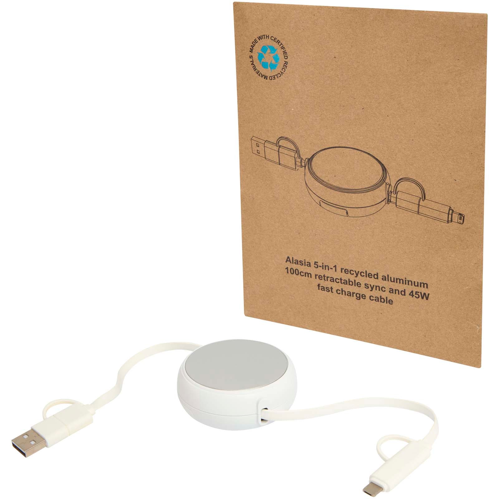 Alasia 100 cm 5-in-1 Kabel aus recyceltem Kunststoff und Aluminium, einziehbar, für Datenübertragung und mit 45W Schnellladun – Silber