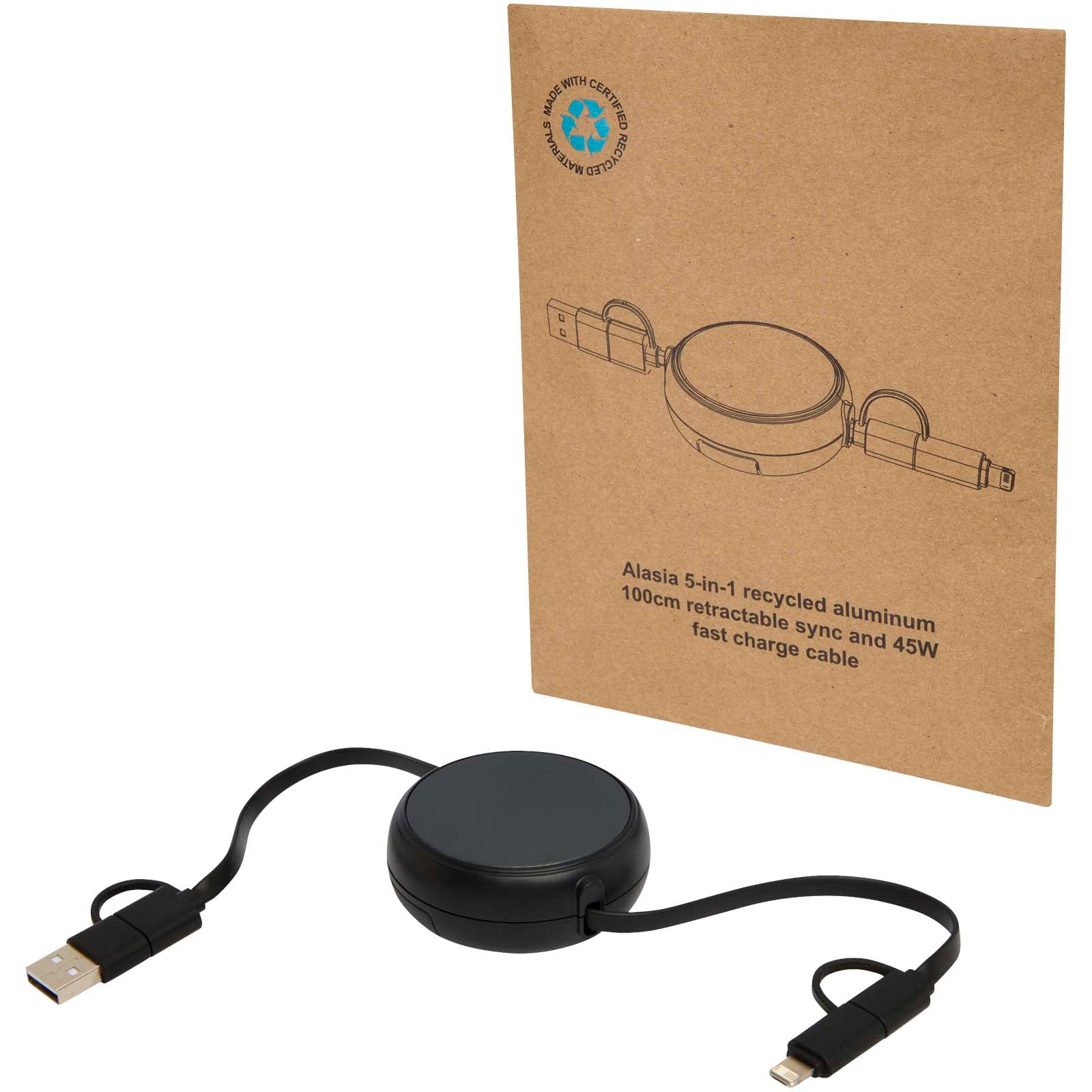 Alasia 100 cm 5-in-1 Kabel aus recyceltem Kunststoff und Aluminium, einziehbar, für Datenübertragung und mit 45W Schnellladun – Schwarz
