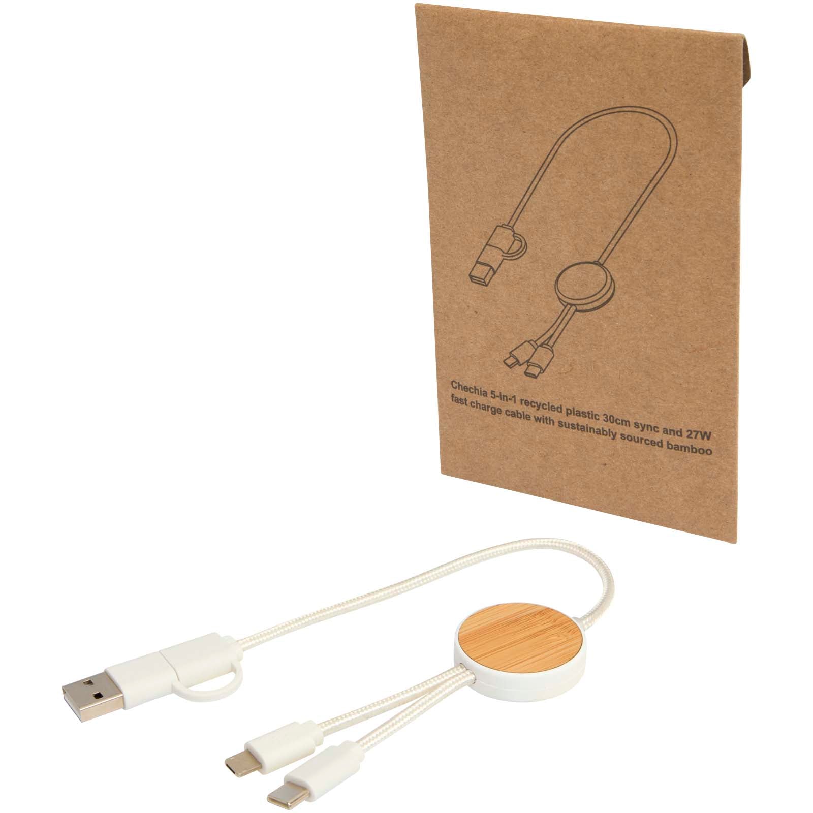 Chechia 30 cm 5-in-1 Kabel aus recyceltem Kunststoff für Datenübertragung und 27W Schnellladung mit Bambusdetails – Weiss
