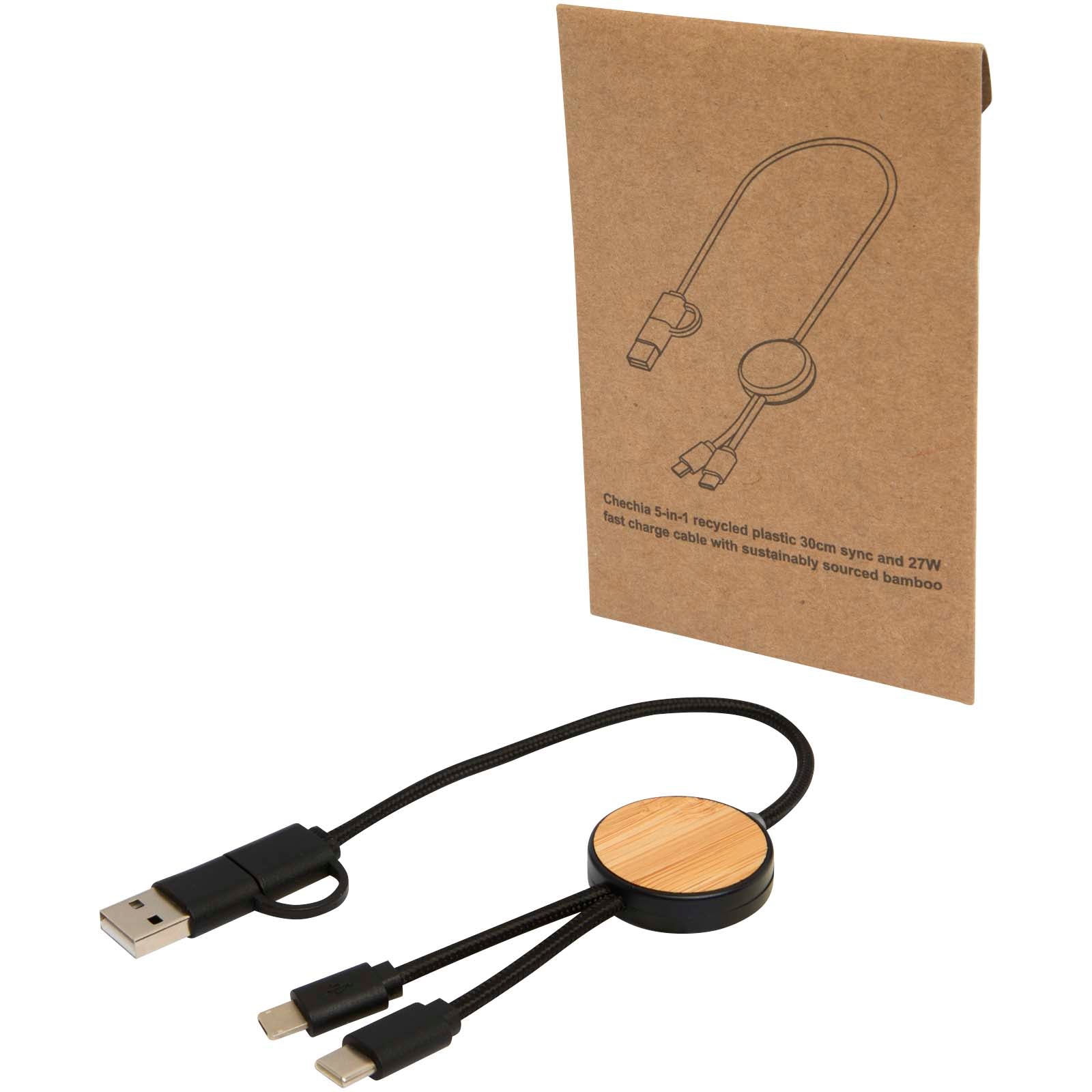 Chechia 30 cm 5-in-1 Kabel aus recyceltem Kunststoff für Datenübertragung und 27W Schnellladung mit Bambusdetails – Schwarz