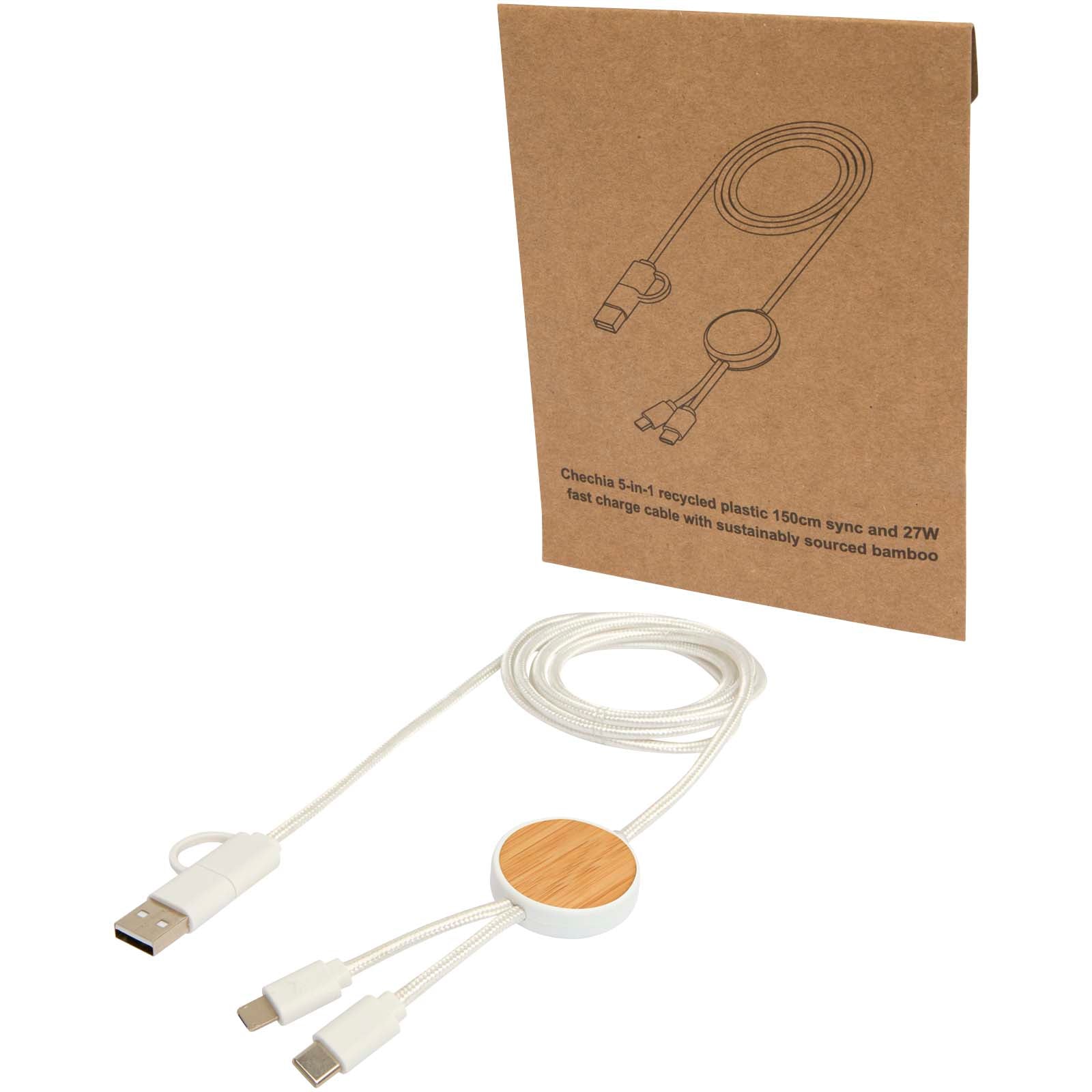 Chechia 150 cm 5-in-1 Kabel aus recyceltem Kunststoff für Datenübertragung und 27W Schnellladung mit Bambusdetails – Weiss