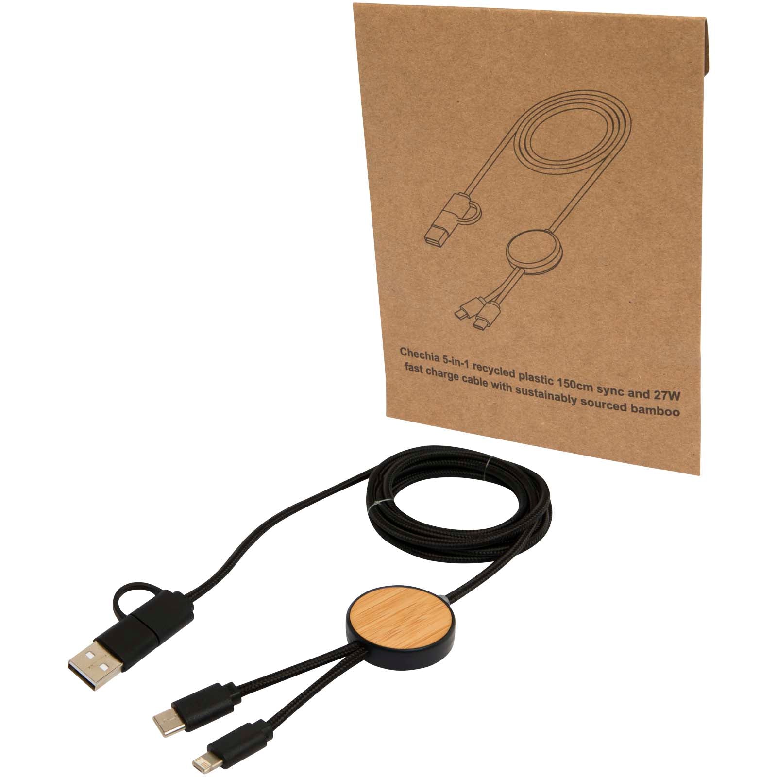 Chechia 150 cm 5-in-1 Kabel aus recyceltem Kunststoff für Datenübertragung und 27W Schnellladung mit Bambusdetails – Schwarz