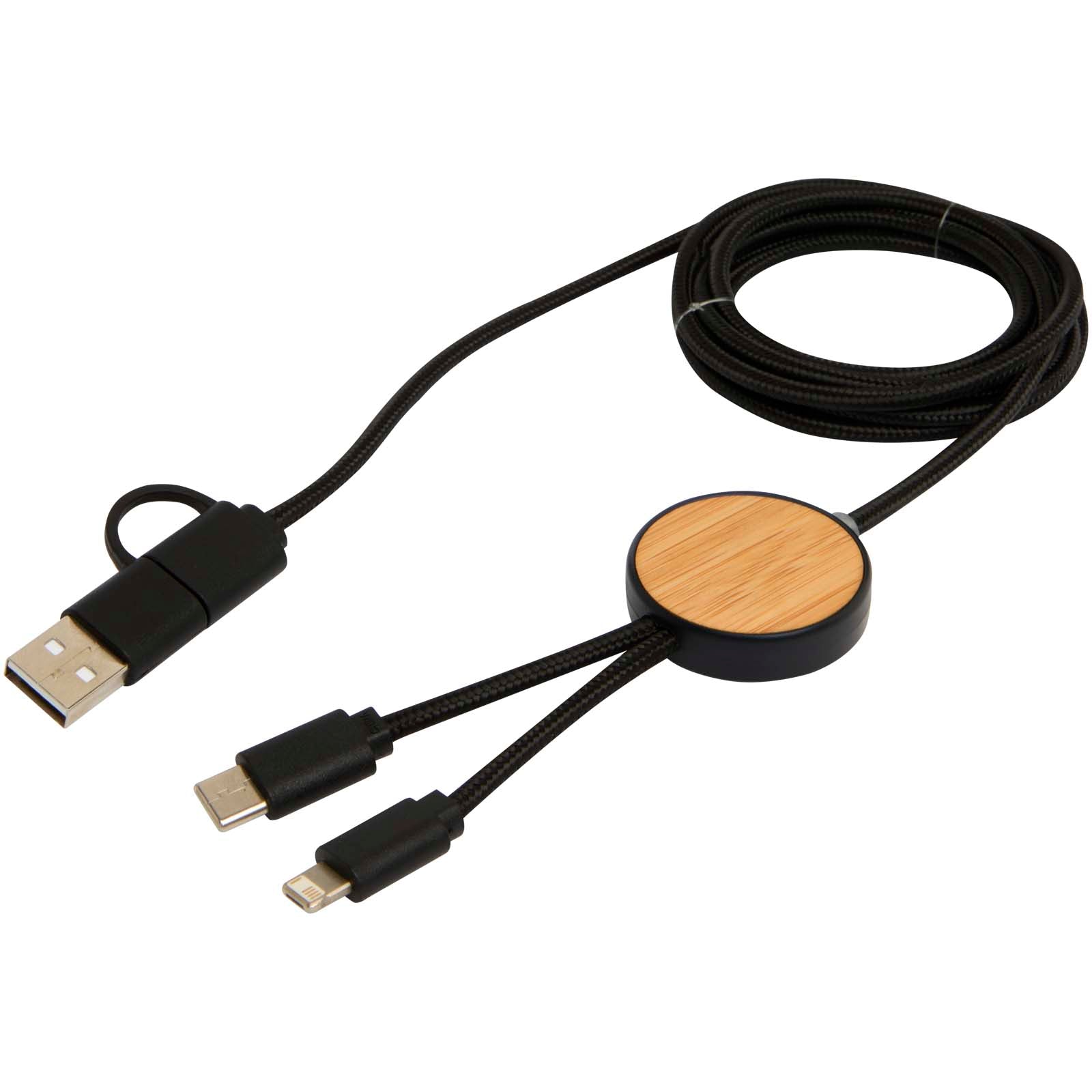Chechia 150 cm 5-in-1 Kabel aus recyceltem Kunststoff für Datenübertragung und 27W Schnellladung mit Bambusdetails