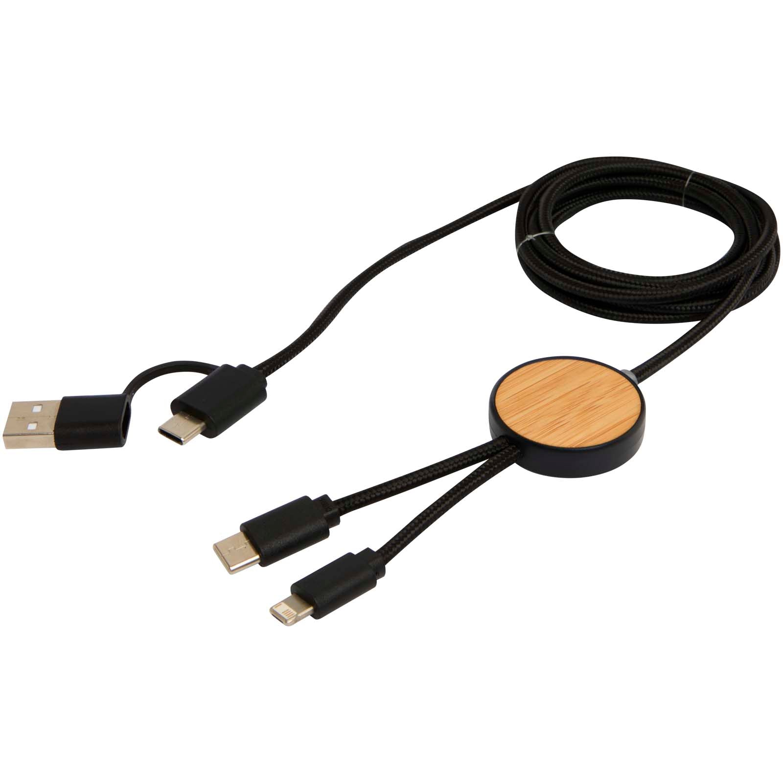 Chechia 150 cm 5-in-1 Kabel aus recyceltem Kunststoff für Datenübertragung und 27W Schnellladung mit Bambusdetails