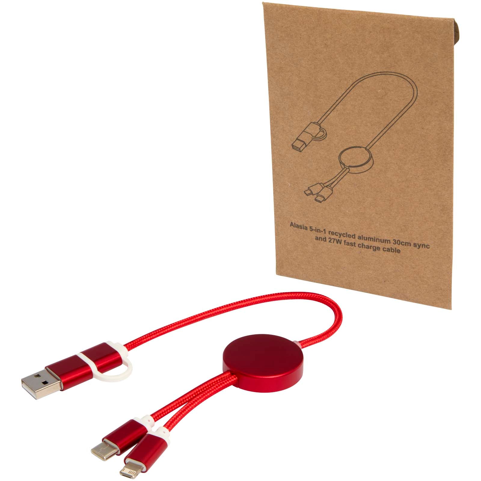 Alasia 30 cm 5-in-1 Kabel aus recyceltem Kunststoff für Datenübertragung und 27W Schnellladung – Rot