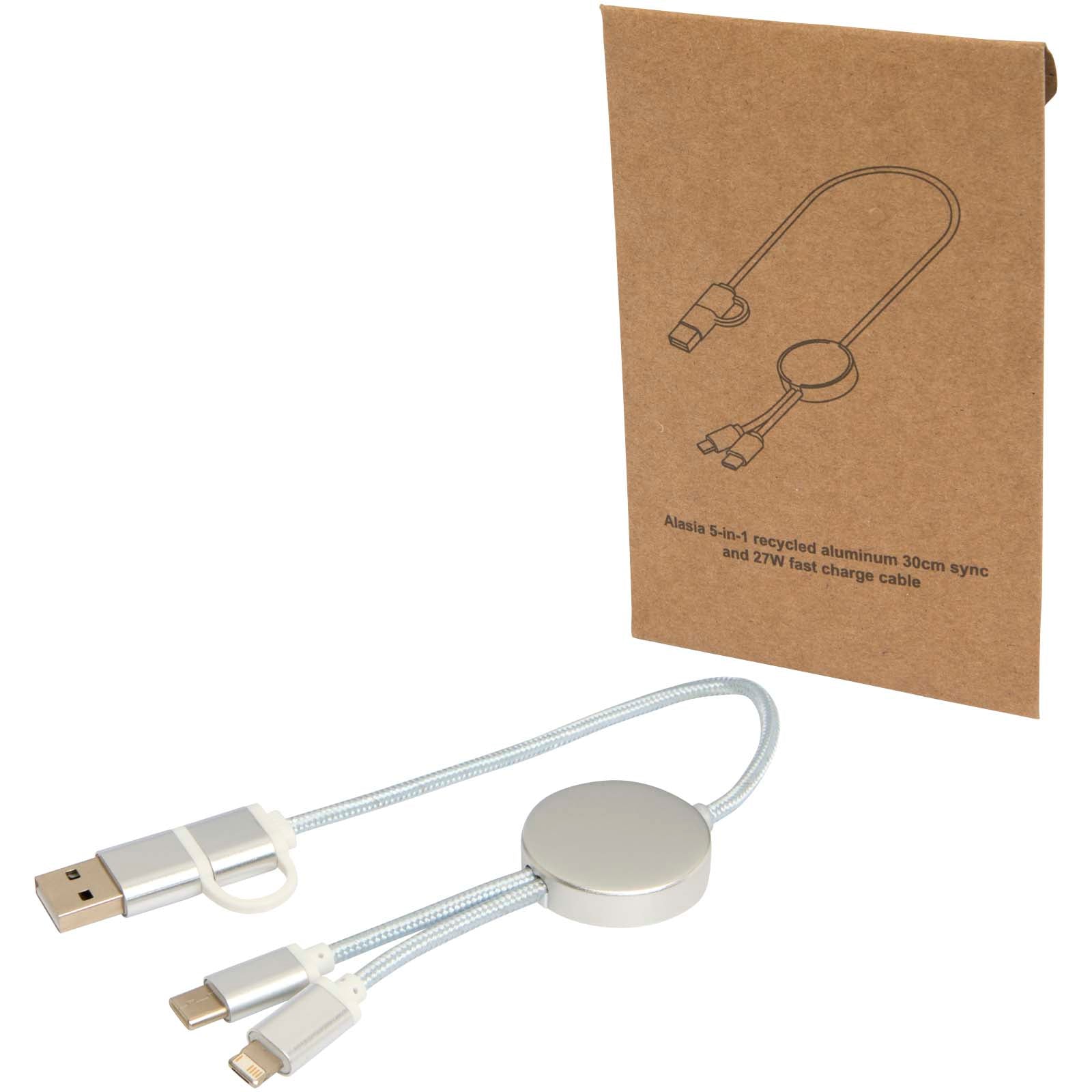 Alasia 30 cm 5-in-1 Kabel aus recyceltem Kunststoff für Datenübertragung und 27W Schnellladung – Silber