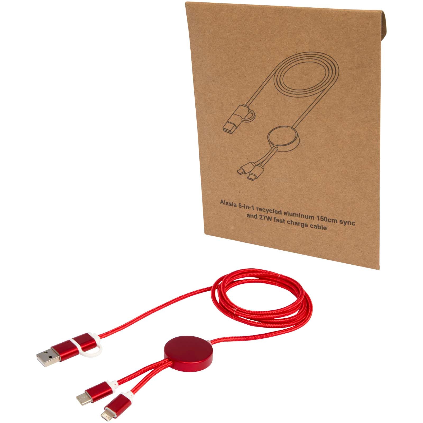Alasia 150 cm 5-in-1 Kabel aus recyceltem Kunststoff für Datenübertragung und 27W Schnellladung – Rot